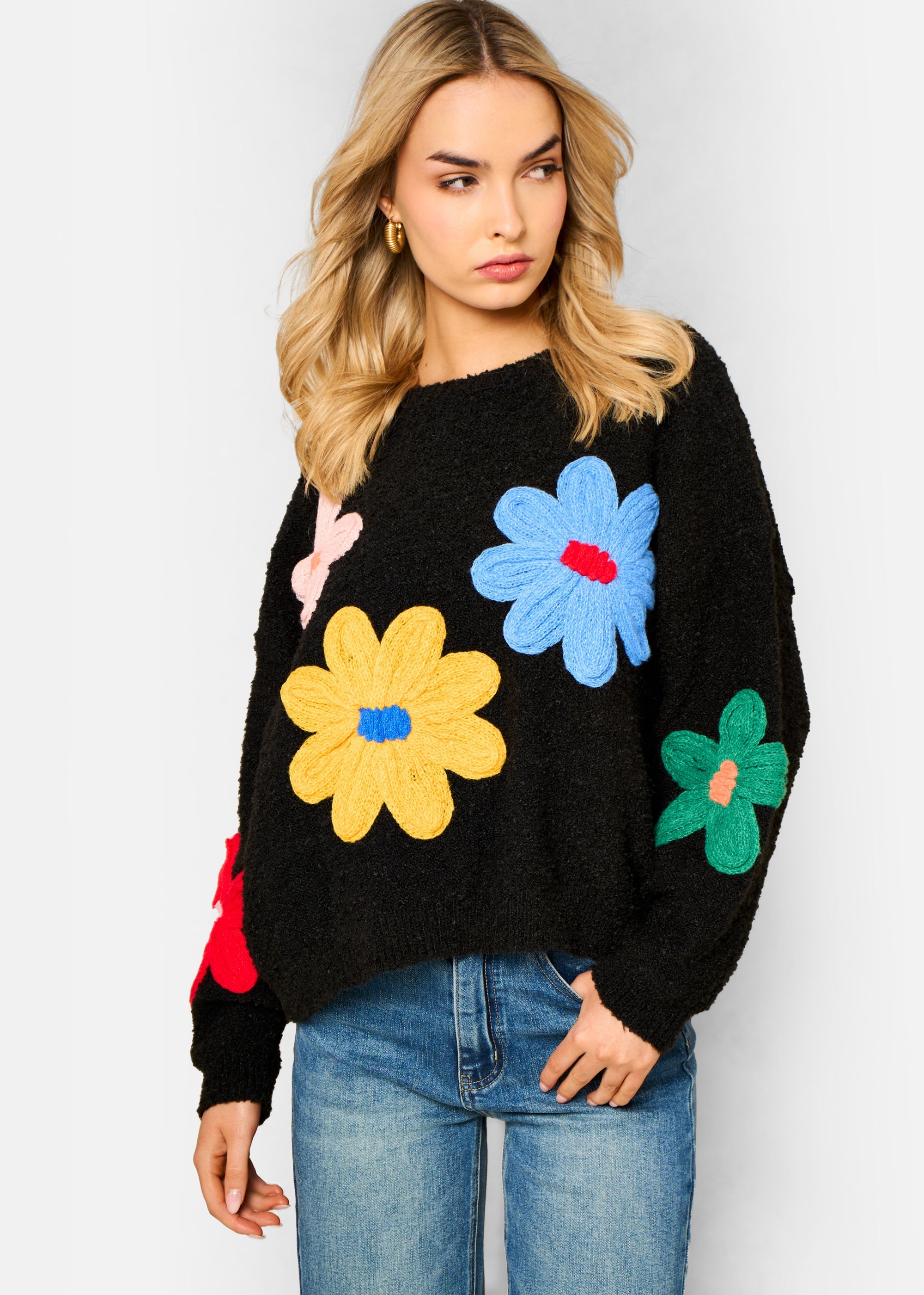 Gini London Black 3D Flower Crochet Knitted Jumper