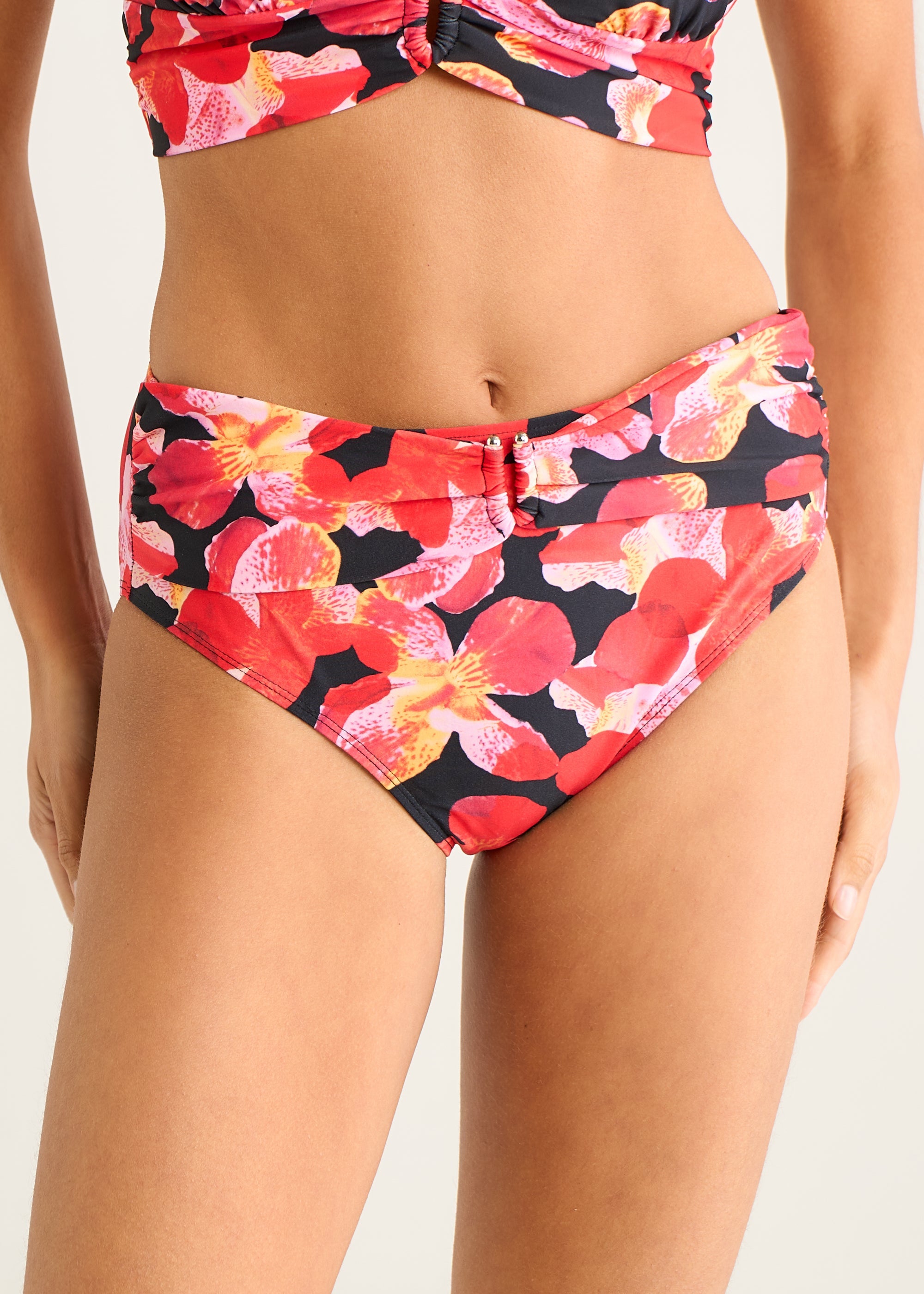 Black Contrast Floral High Waisted Bikini Bottom