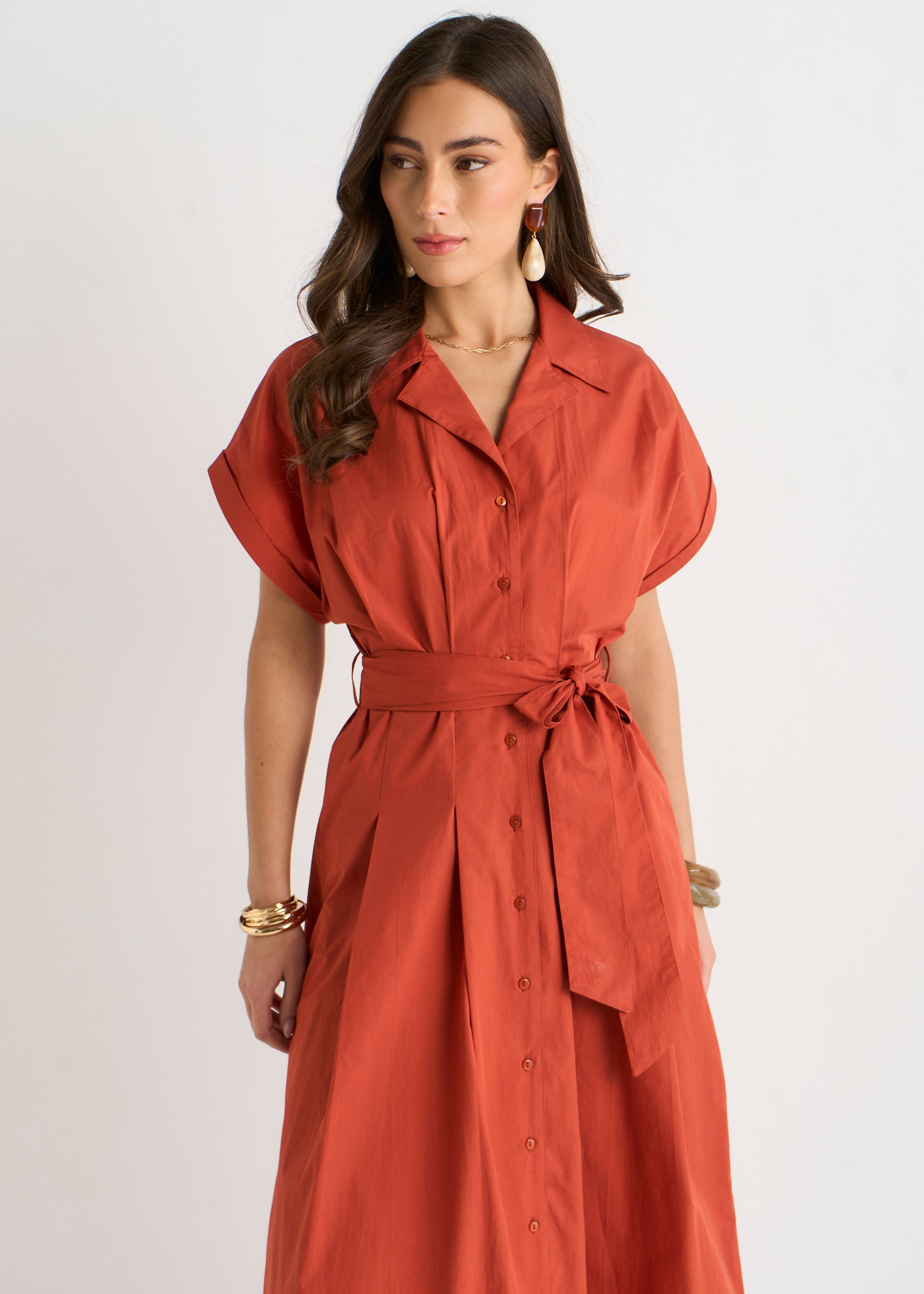 Gini London Rust Cotton Button Through Belted Shirt Dress