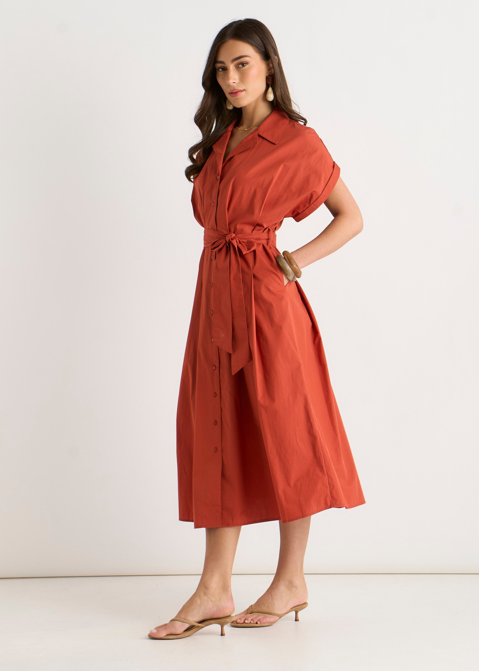Gini London Rust Cotton Button Through Belted Shirt Dress