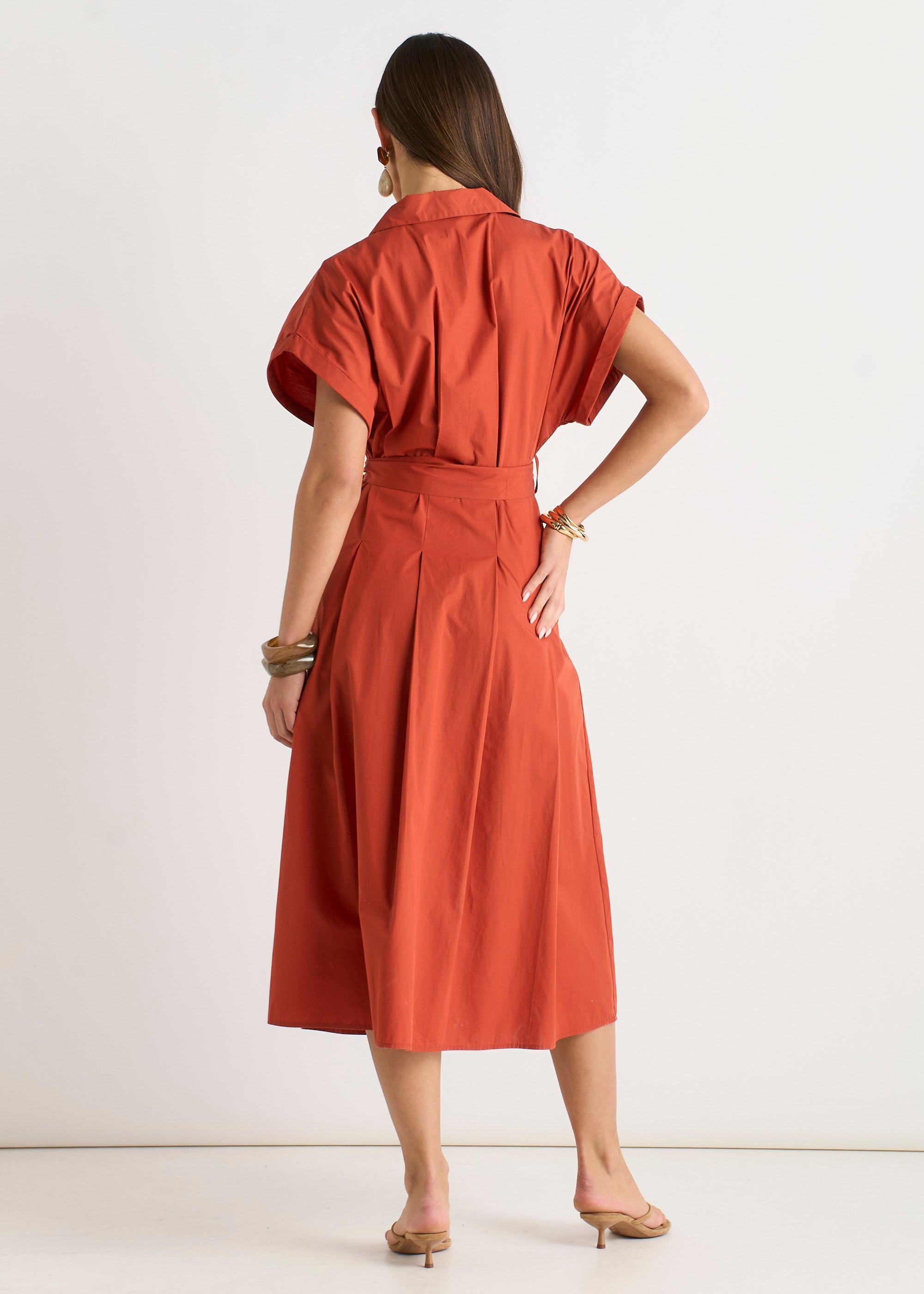 Gini London Rust Cotton Button Through Belted Shirt Dress