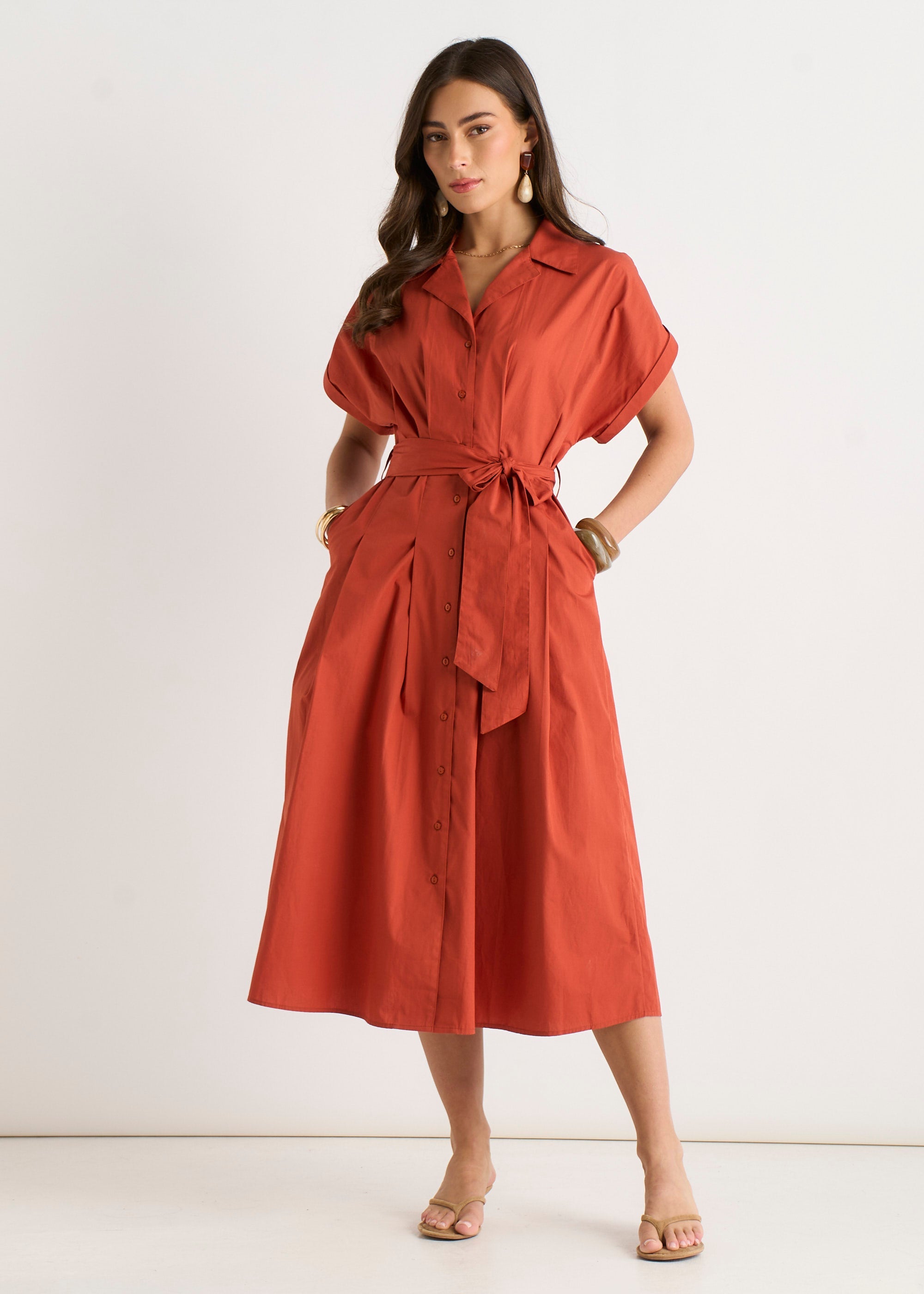 Gini London Rust Cotton Button Through Belted Shirt Dress