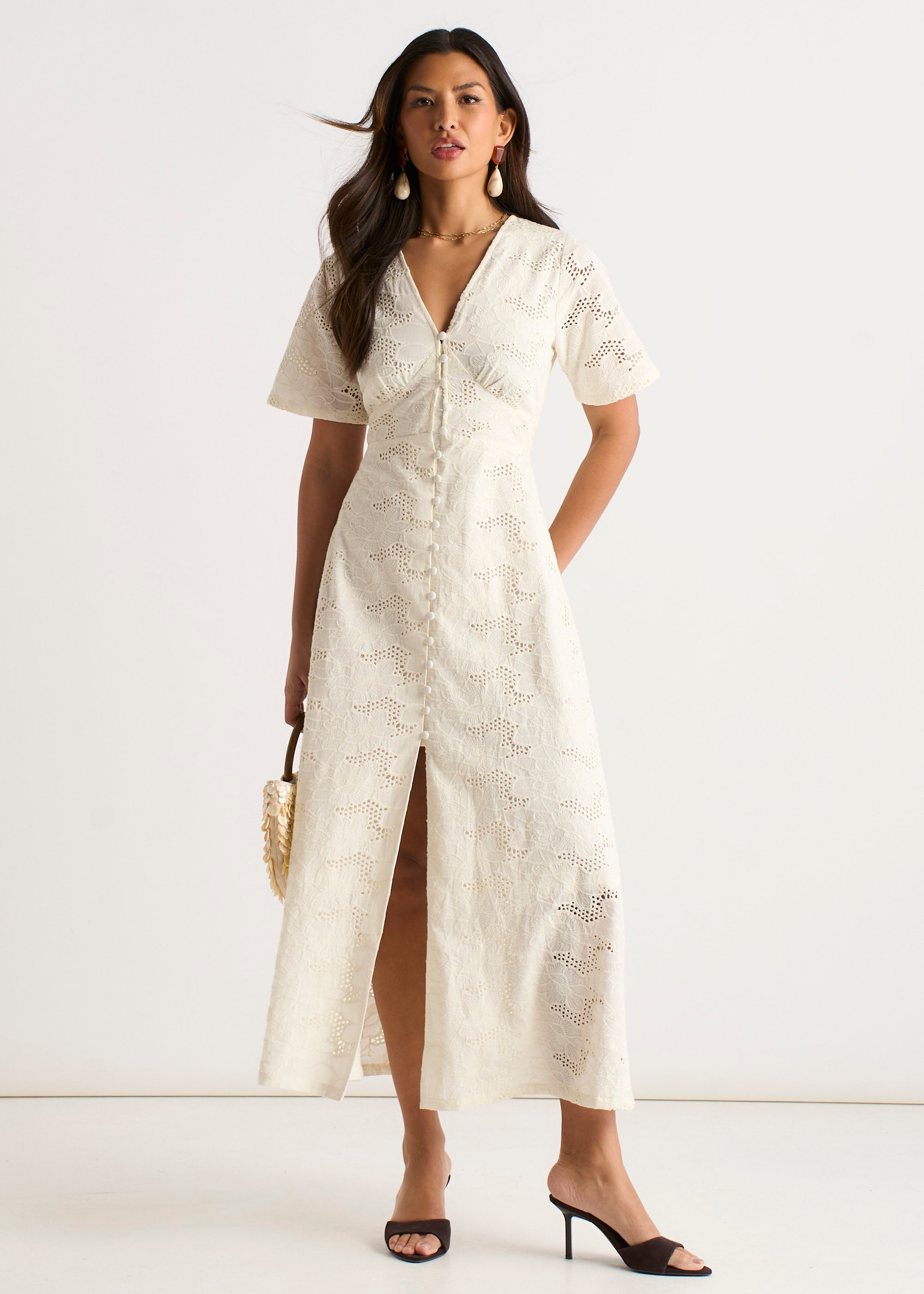 Gini London White Lace Button Through Midi Dress