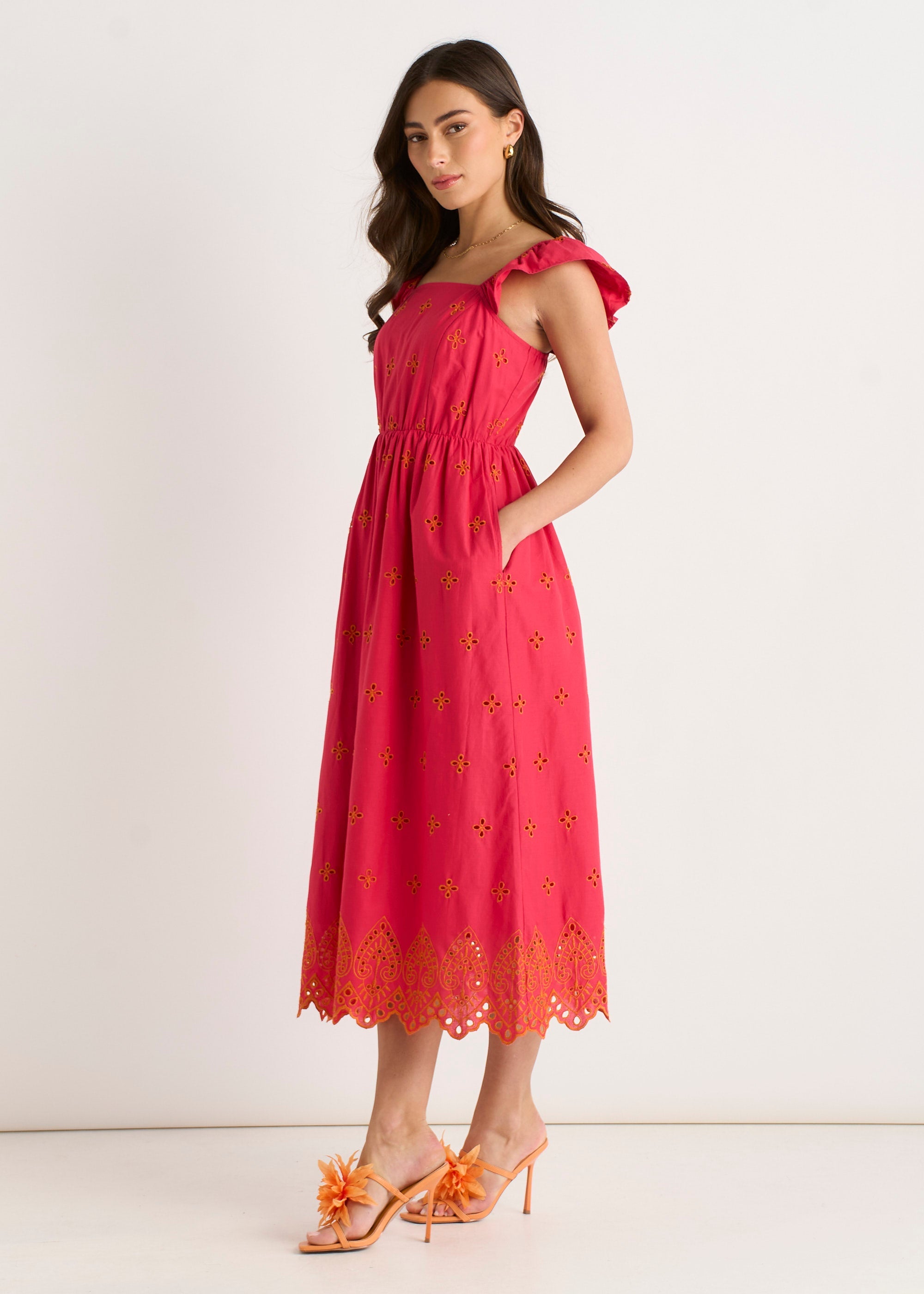 Gini London Pink Ruffle Sleeves Broderie Sun Dress