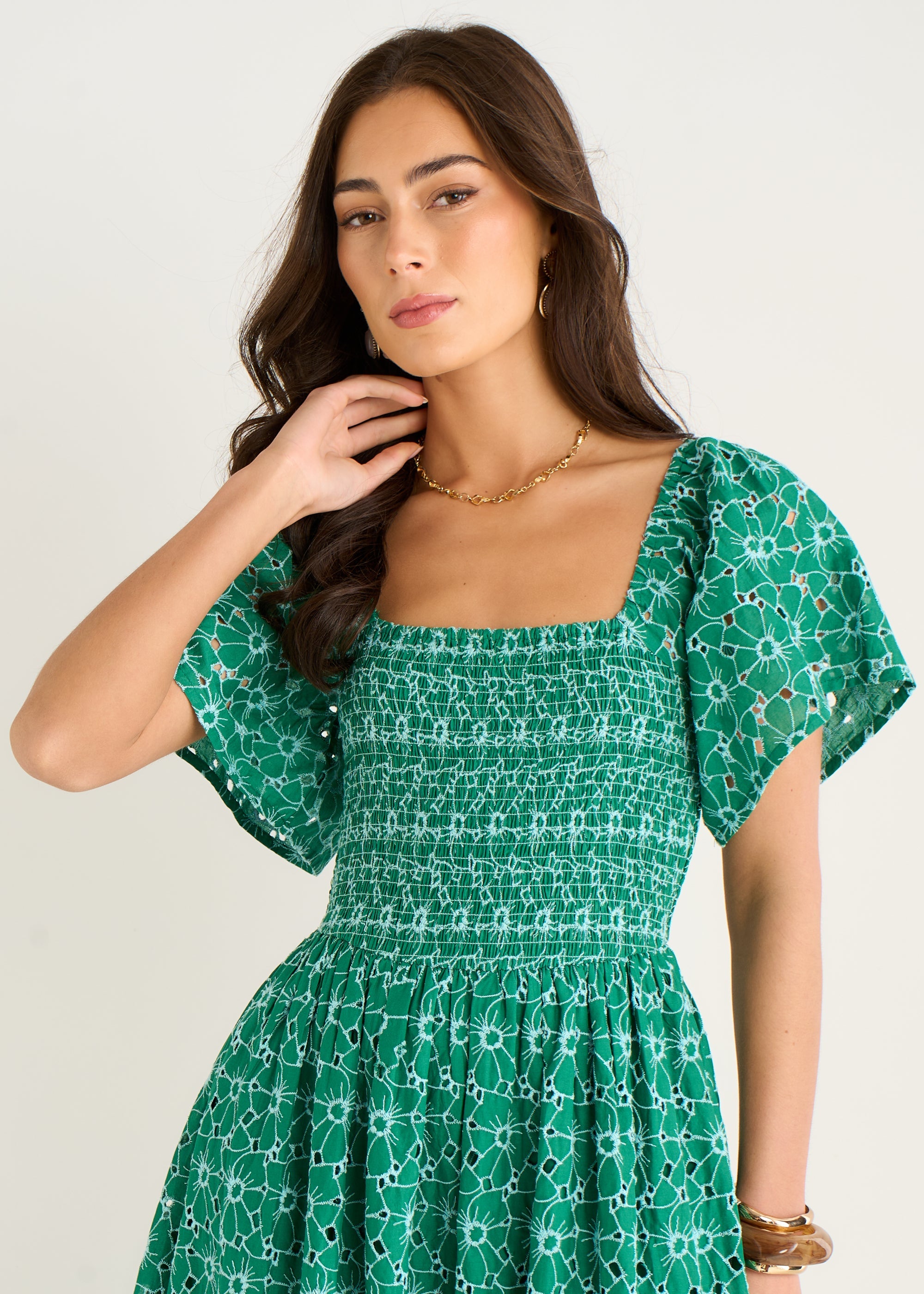 Gini London Green Floral Broderie Shirred Midi Dress
