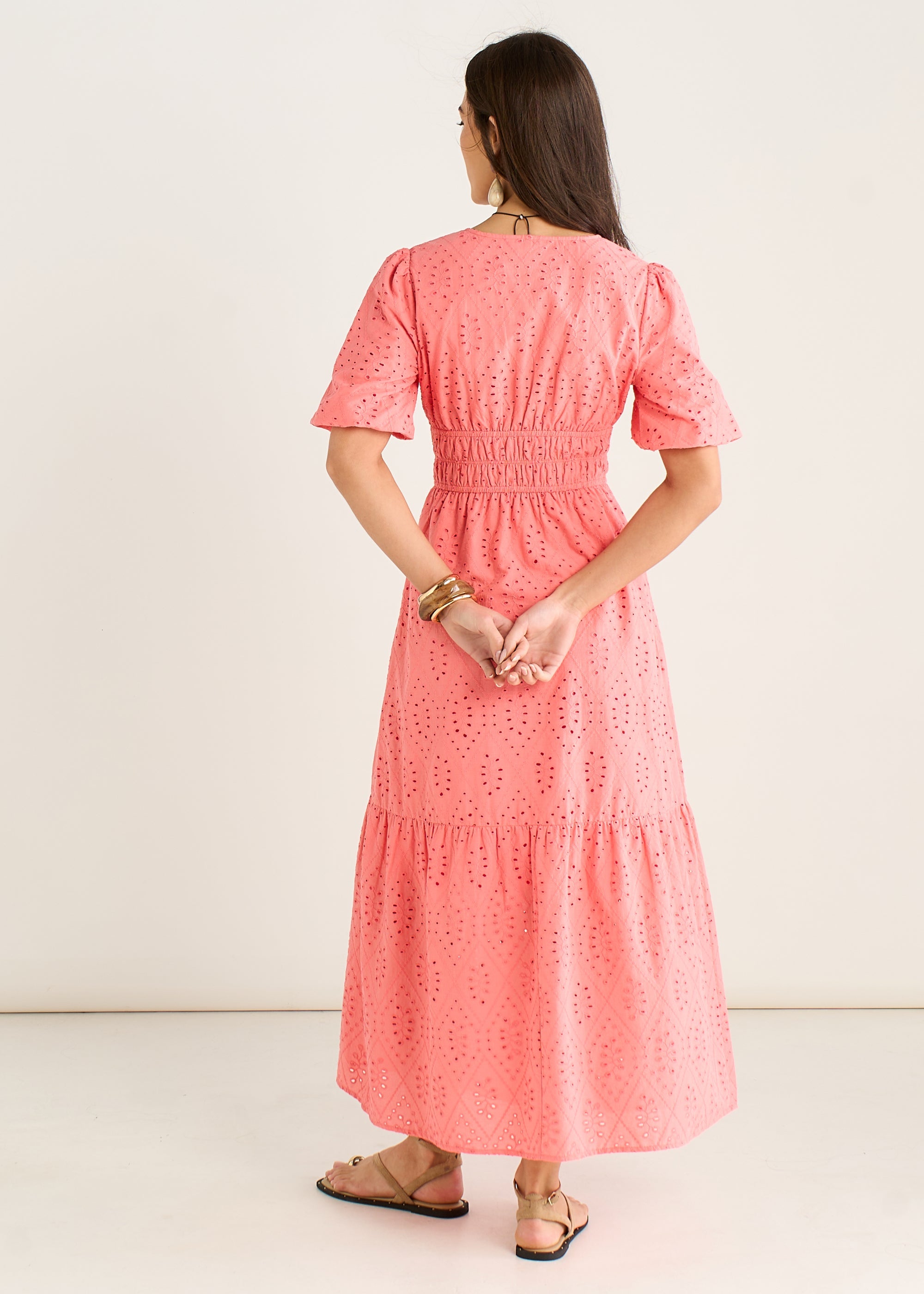 Gini London Coral Diamond Cutwork V Neck Broderie Dress