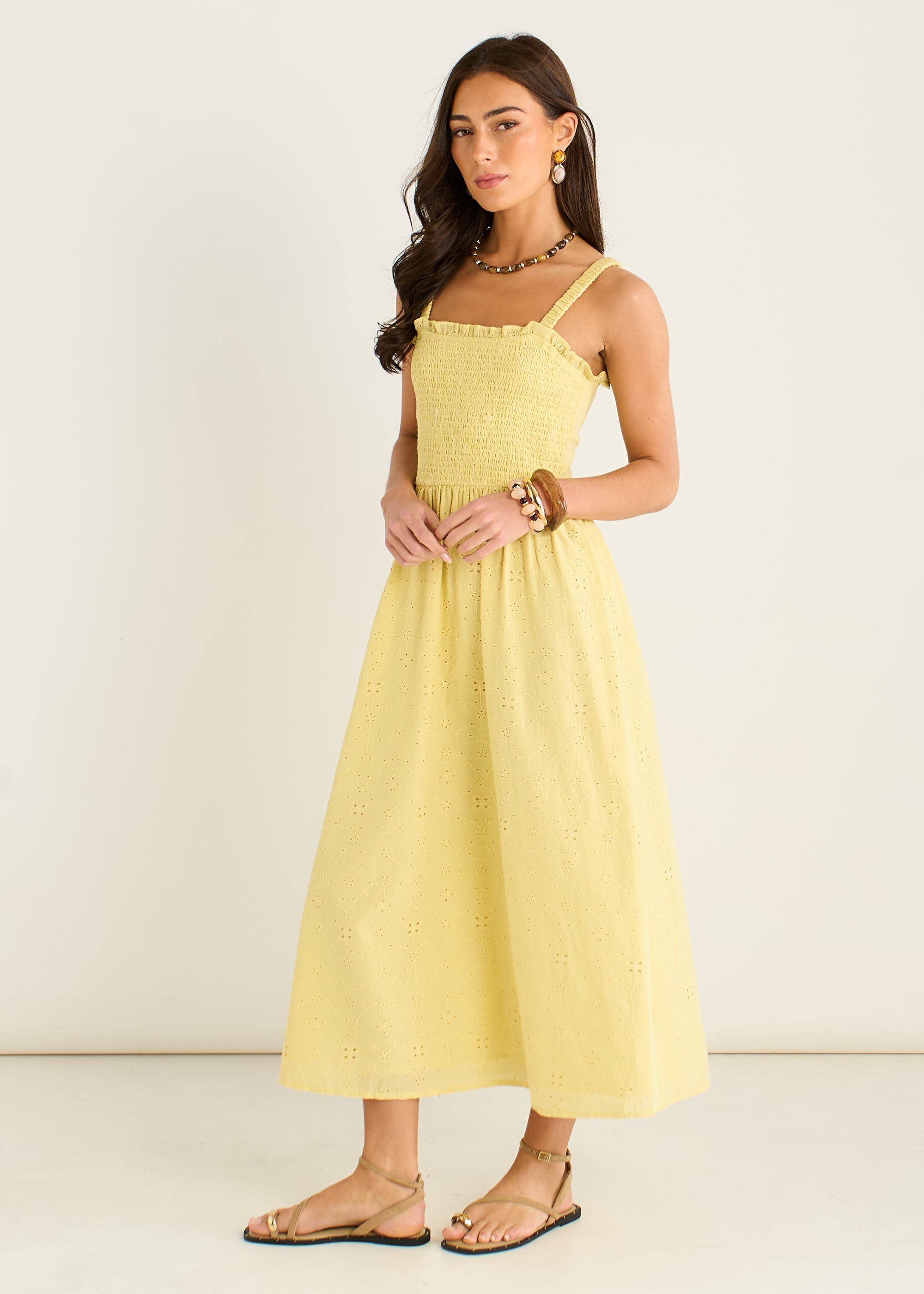 Gini London Yellow Embroidered Shirred Bodice Sun Dress