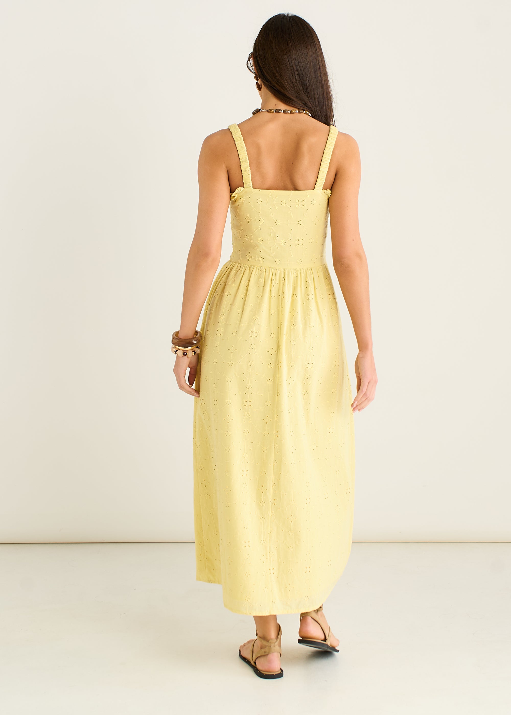Gini London Yellow Embroidered Shirred Bodice Sun Dress