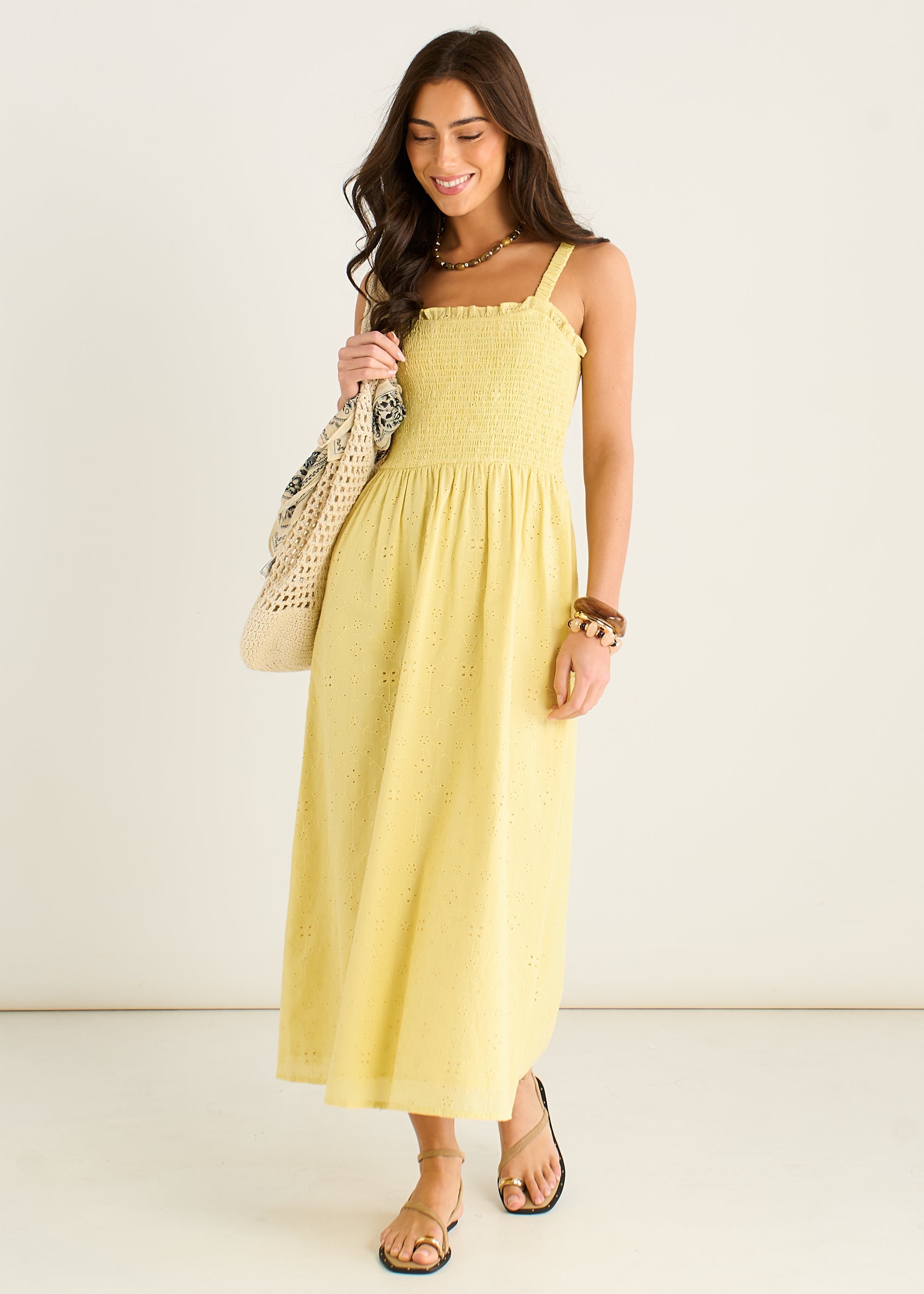Gini London Yellow Embroidered Shirred Bodice Sun Dress