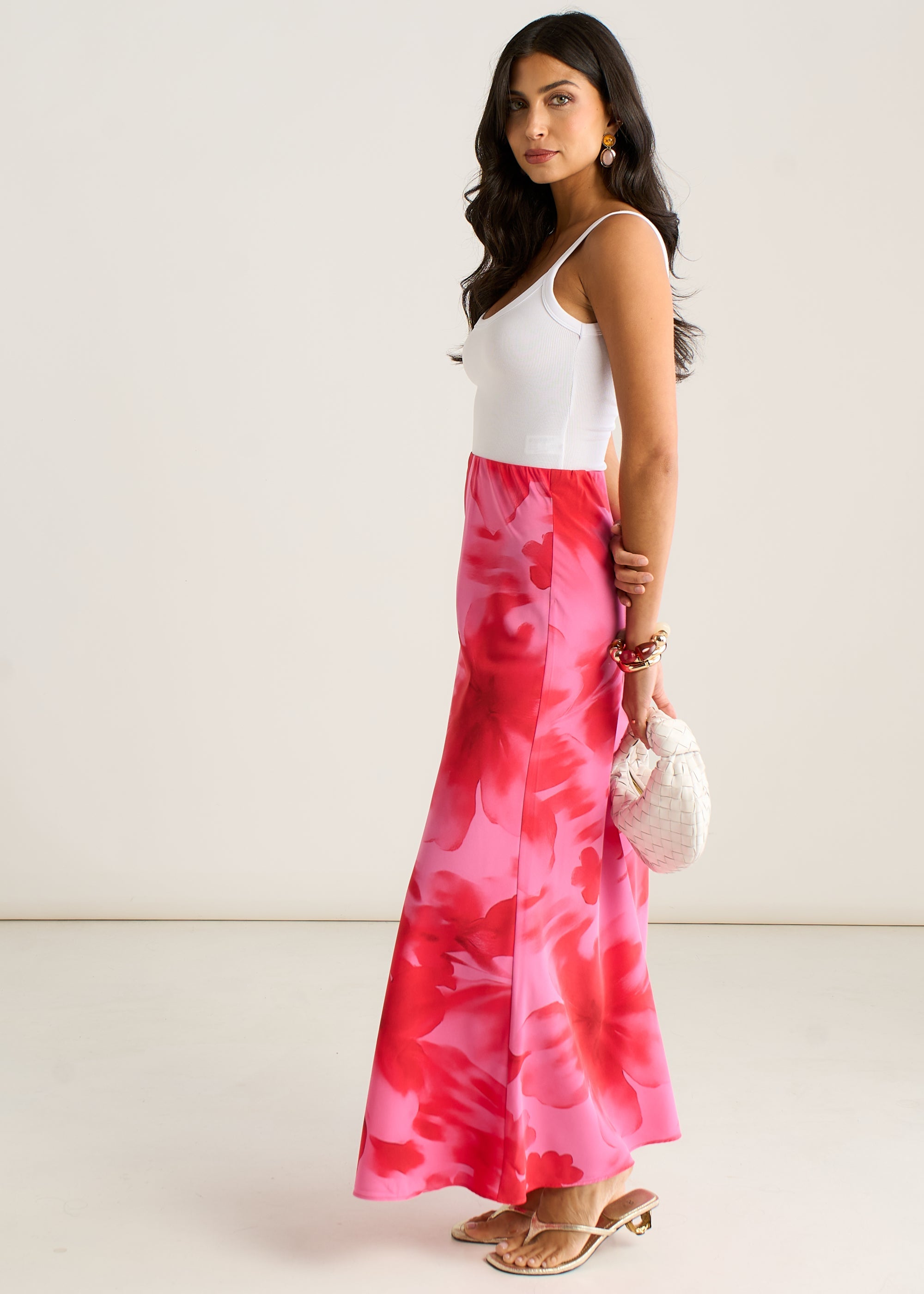 Gini London Pink Watercolour Floral Print A Line Maxi Skirt