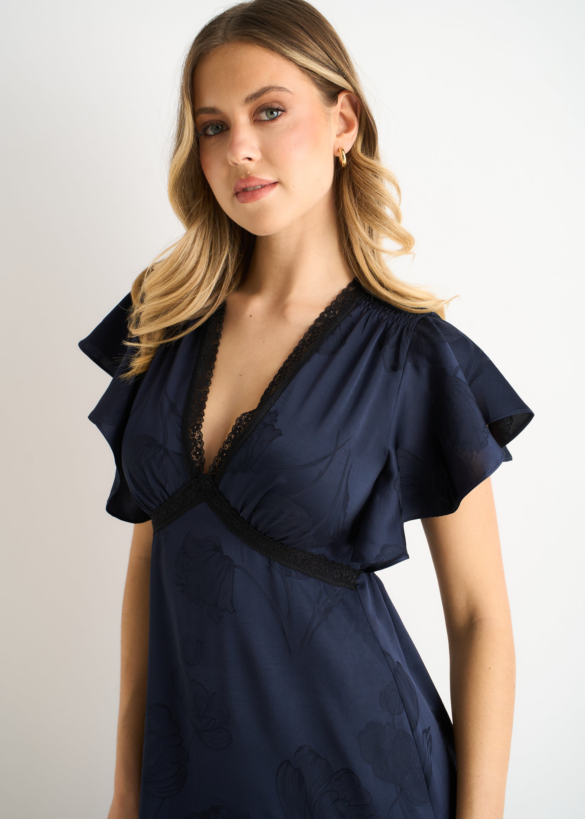 Gini London Navy Floral Satin Jacquard Lace Trim Midi Dress