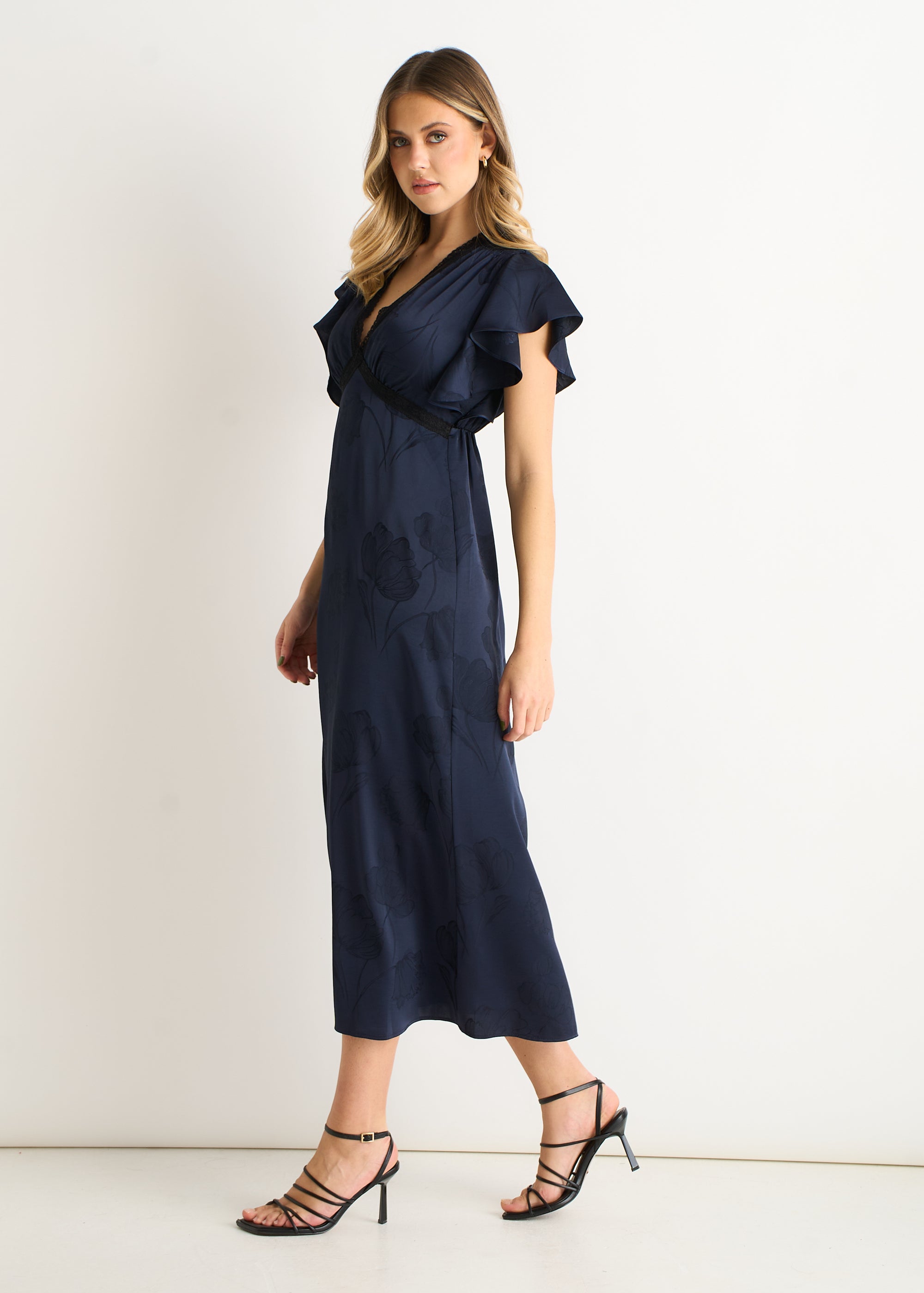 Gini London Navy Floral Satin Jacquard Lace Trim Midi Dress