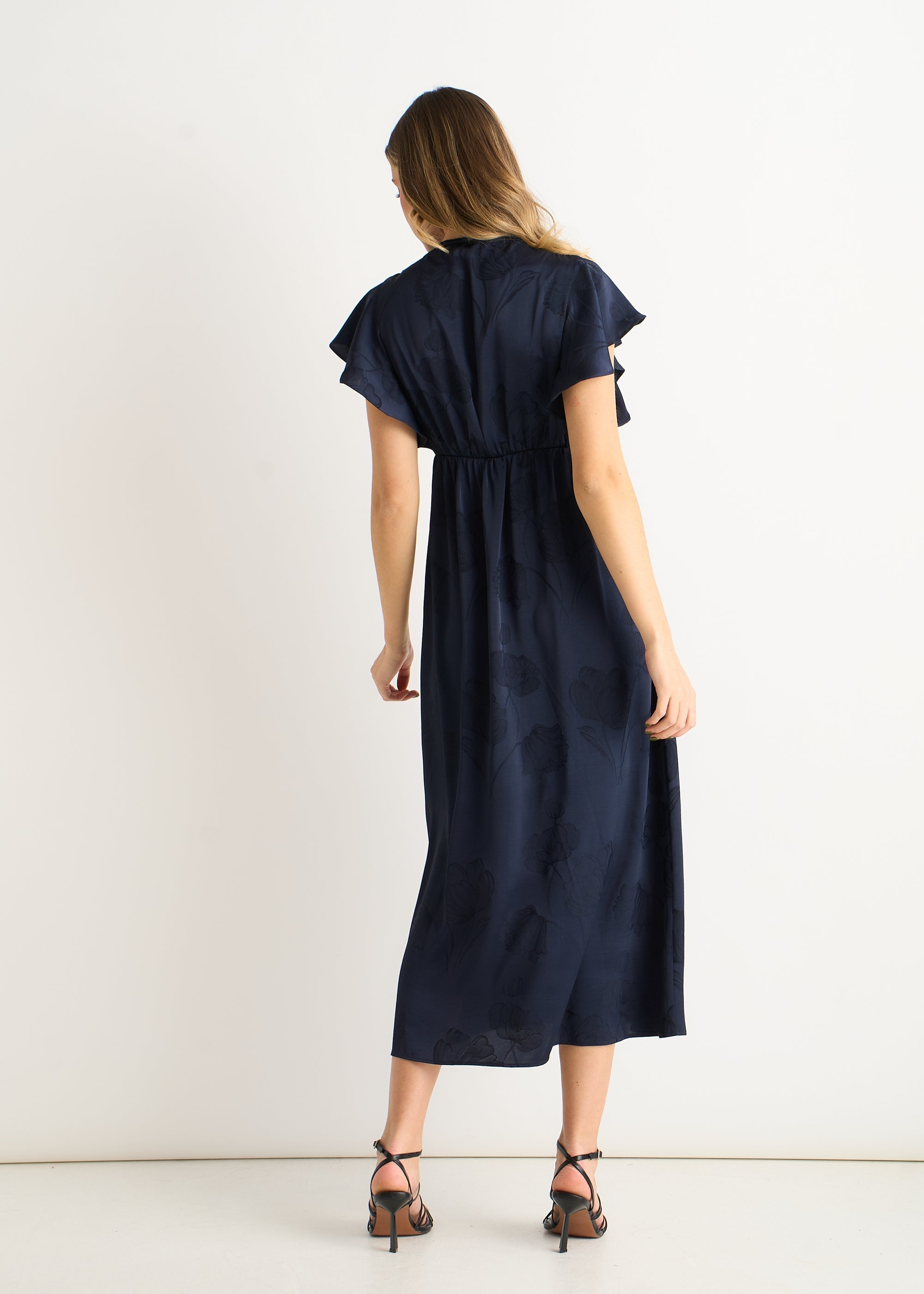 Gini London Navy Floral Satin Jacquard Lace Trim Midi Dress