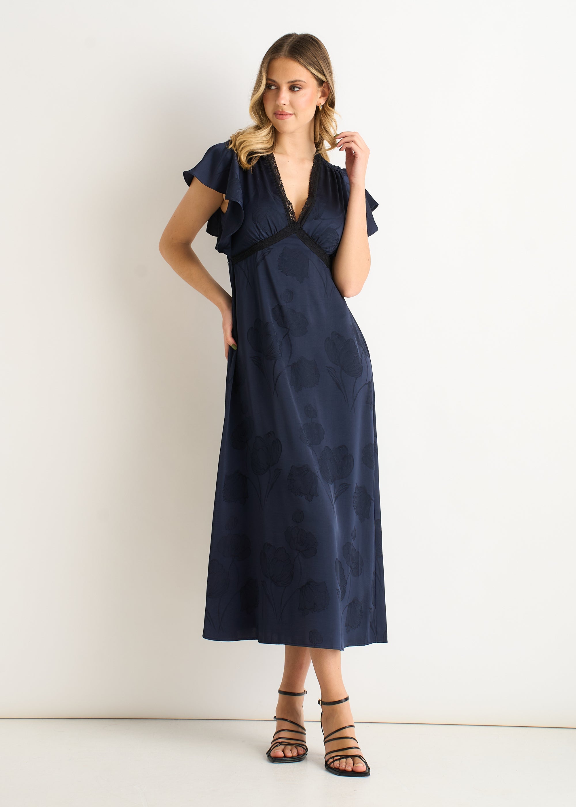 Gini London Navy Floral Satin Jacquard Lace Trim Midi Dress