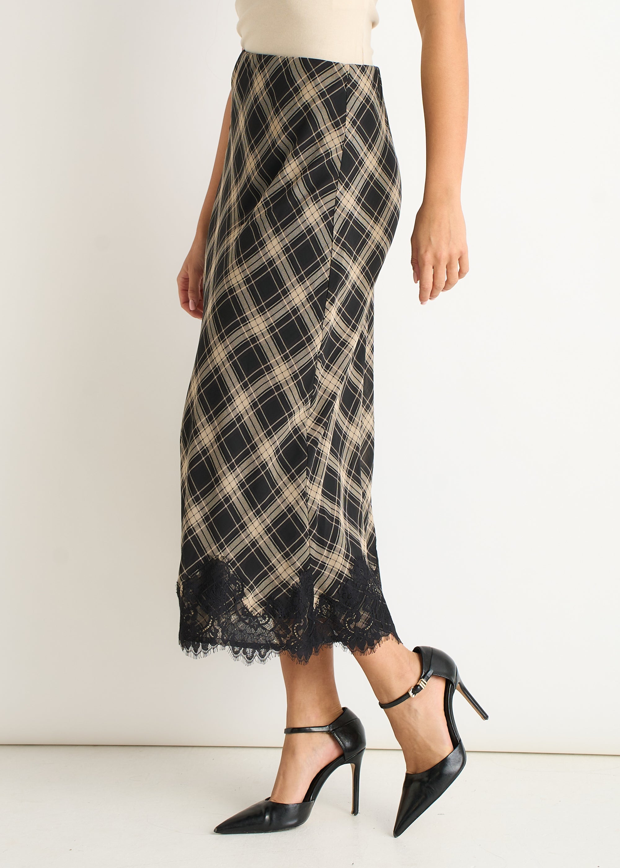 Gini London Mono Elegant Check Contrast Lace Detail Bias Skirt