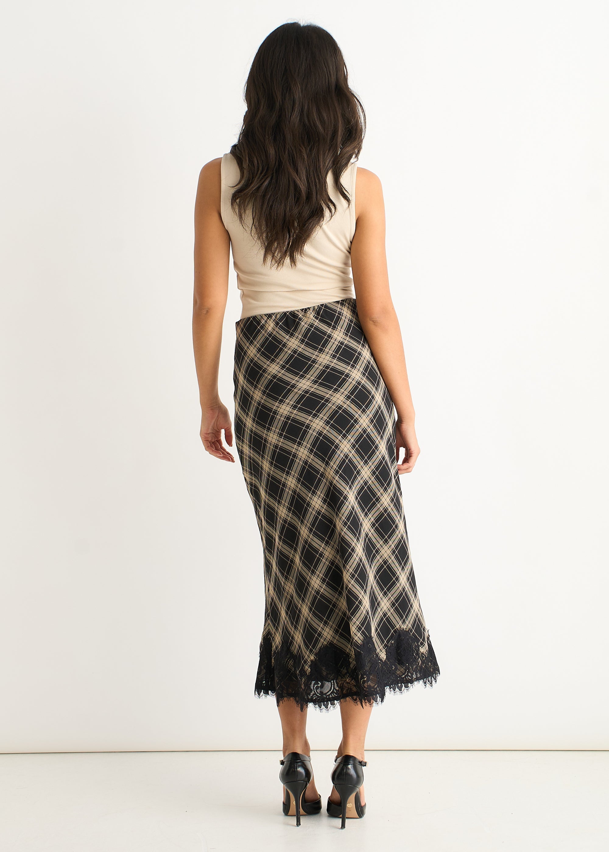 Gini London Mono Elegant Check Contrast Lace Detail Bias Skirt