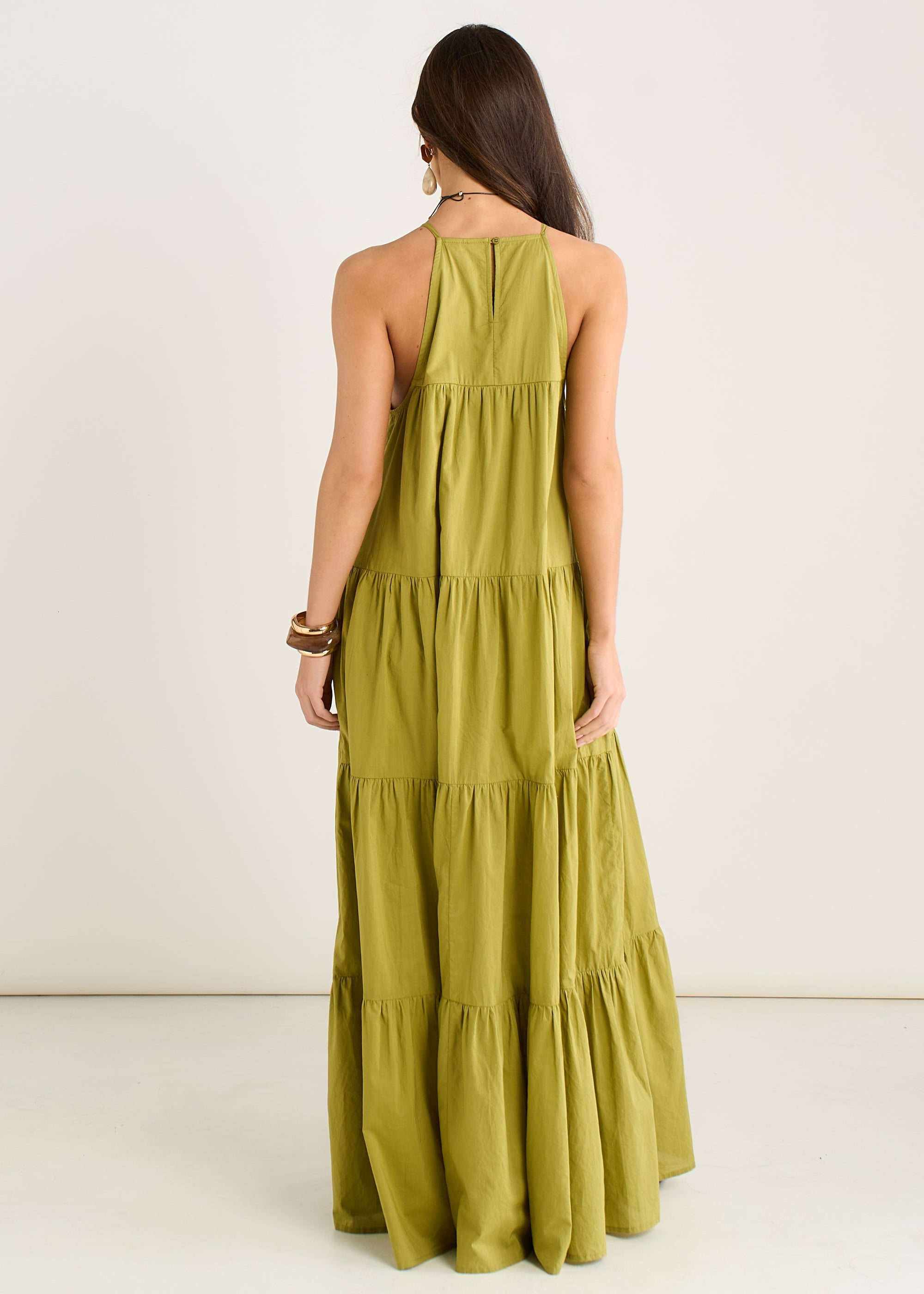 Gini London Khaki Tiered Halter Maxi Trapeze Dress