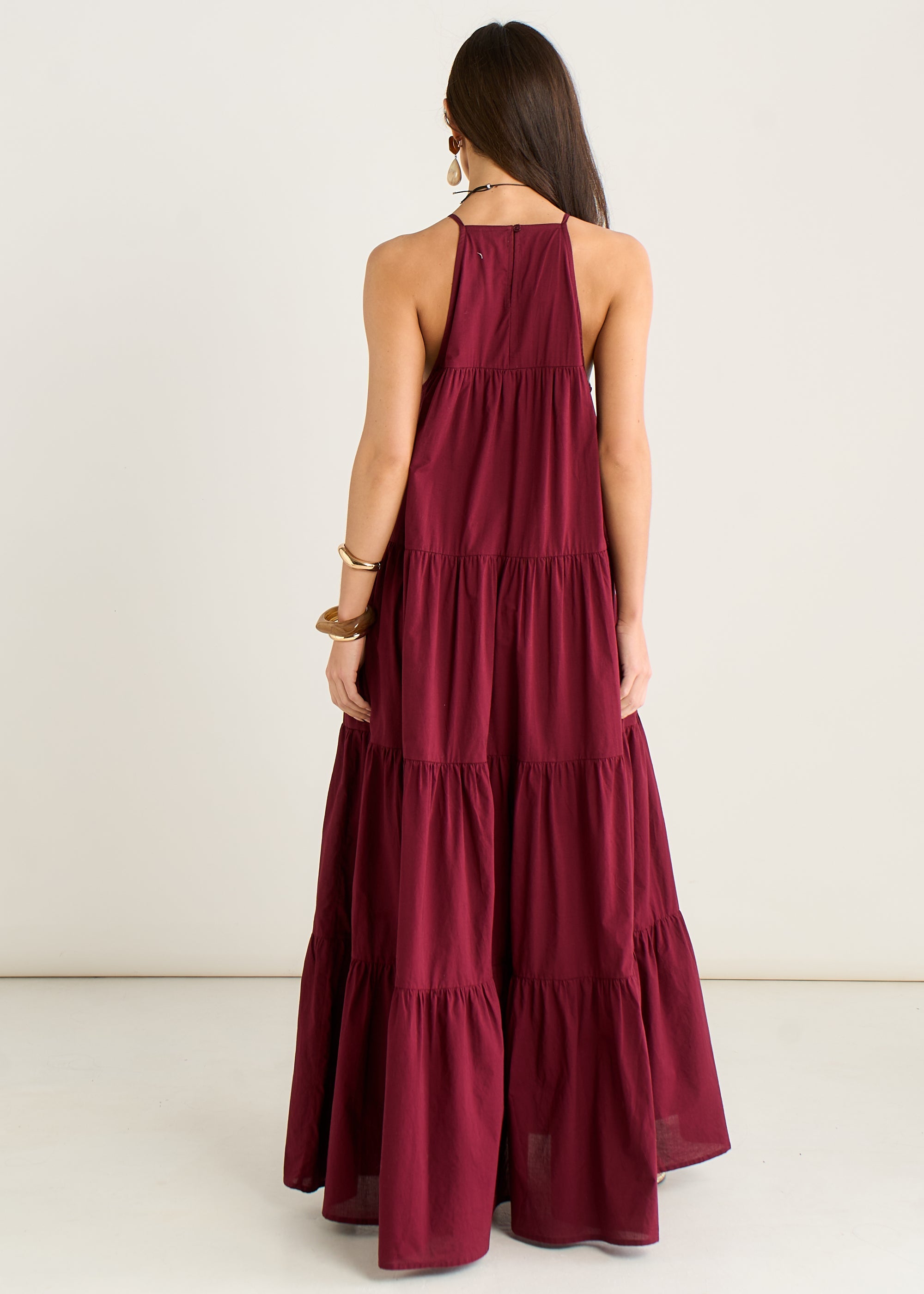 Gini London Mulberry Tiered Halter Maxi Trapeze Dress