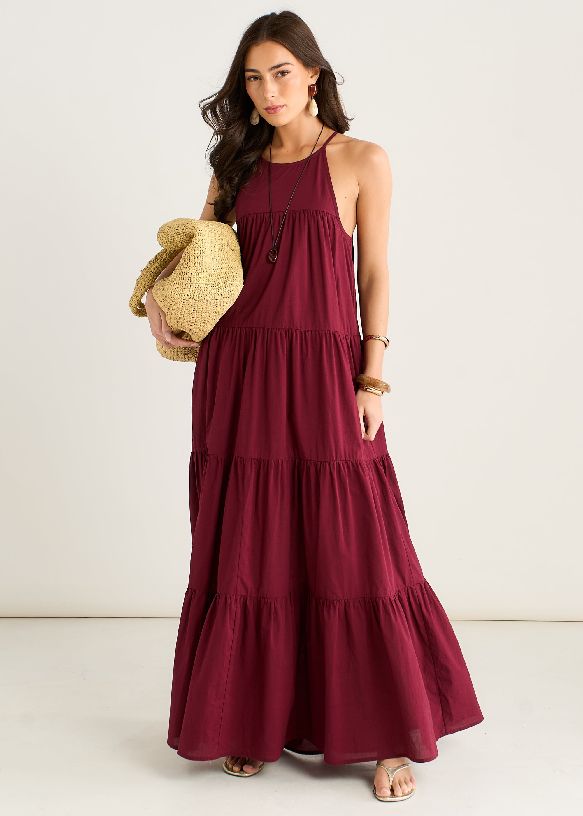 Gini London Mulberry Tiered Halter Maxi Trapeze Dress