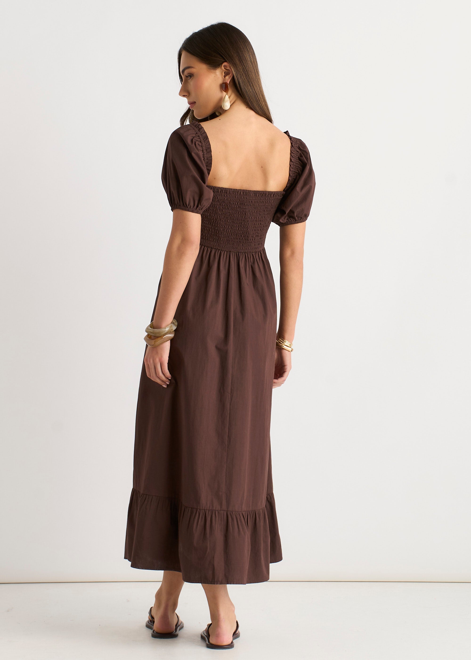 Gini London Brown Gypsy Puff Sleeves Midaxi Dress