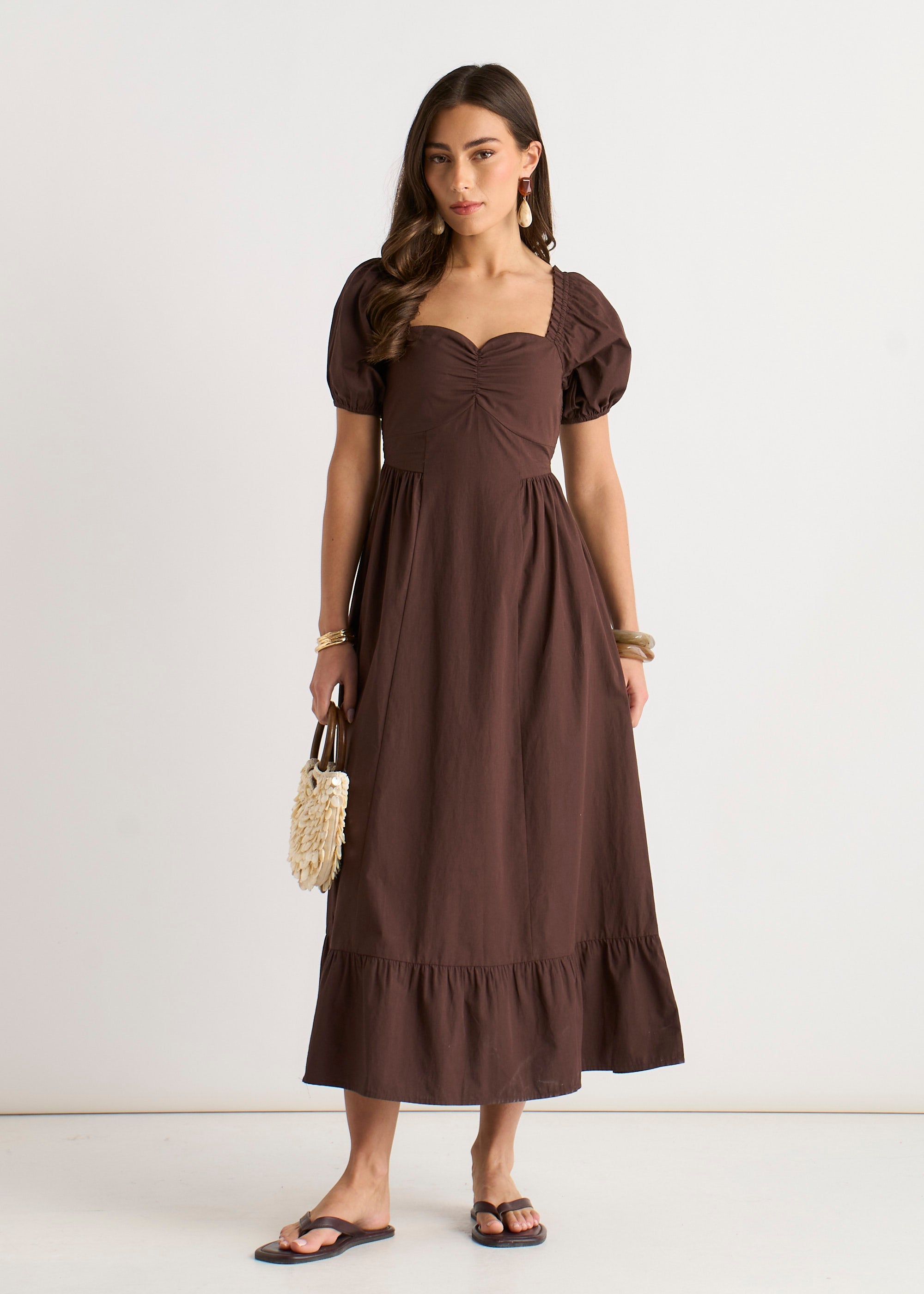 Gini London Brown Gypsy Puff Sleeves Midaxi Dress