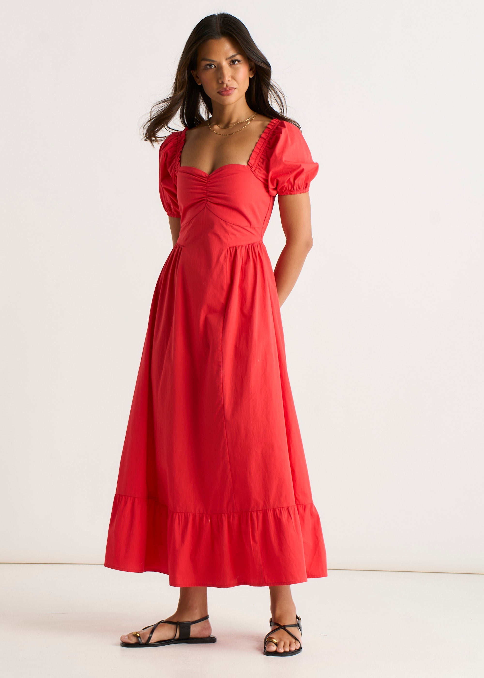 Gini London Red Gypsy Puff Sleeves Midaxi Dress