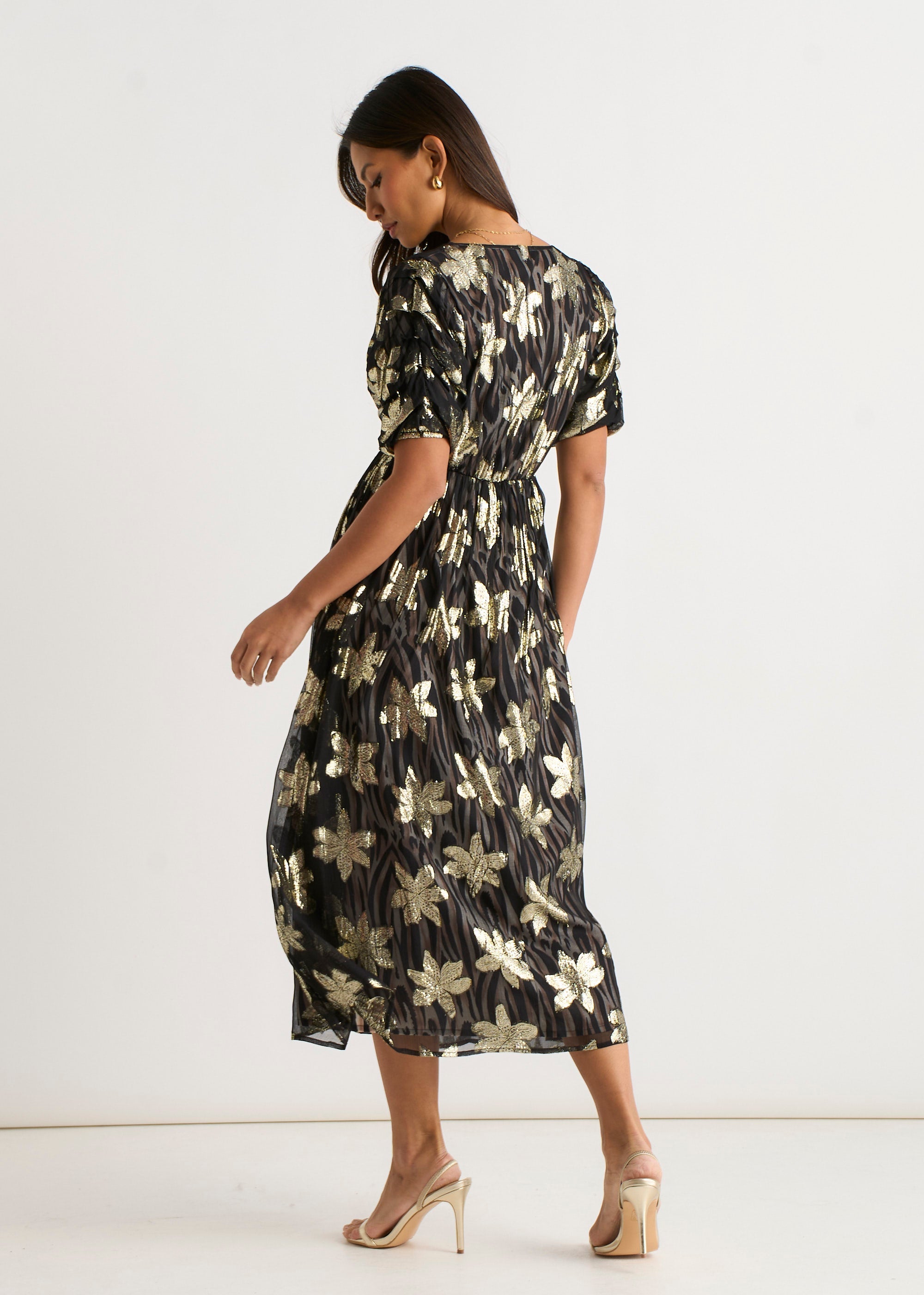 Gini London Black Floral Lurex Wrap Front Dress