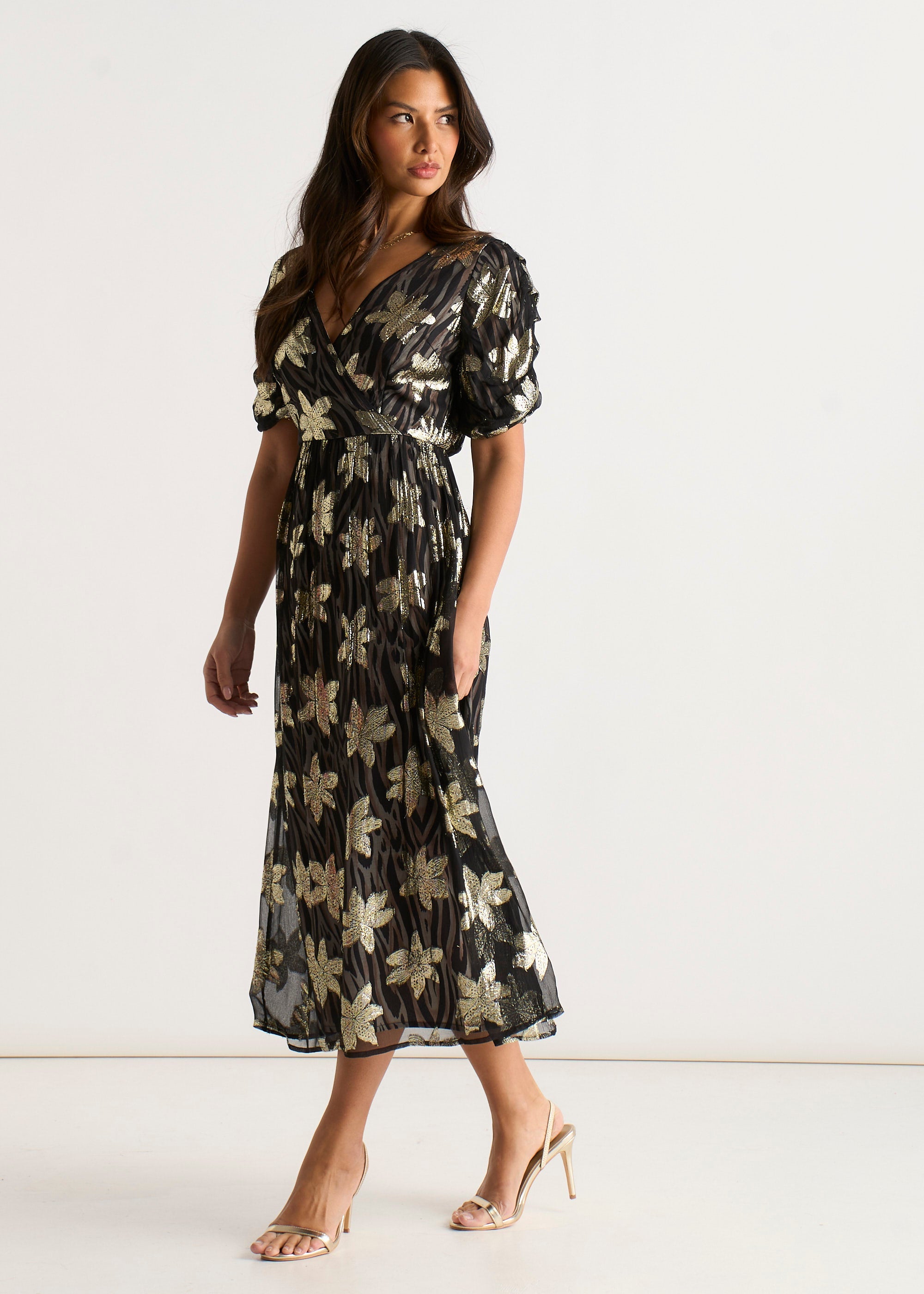 Gini London Black Floral Lurex Wrap Front Dress