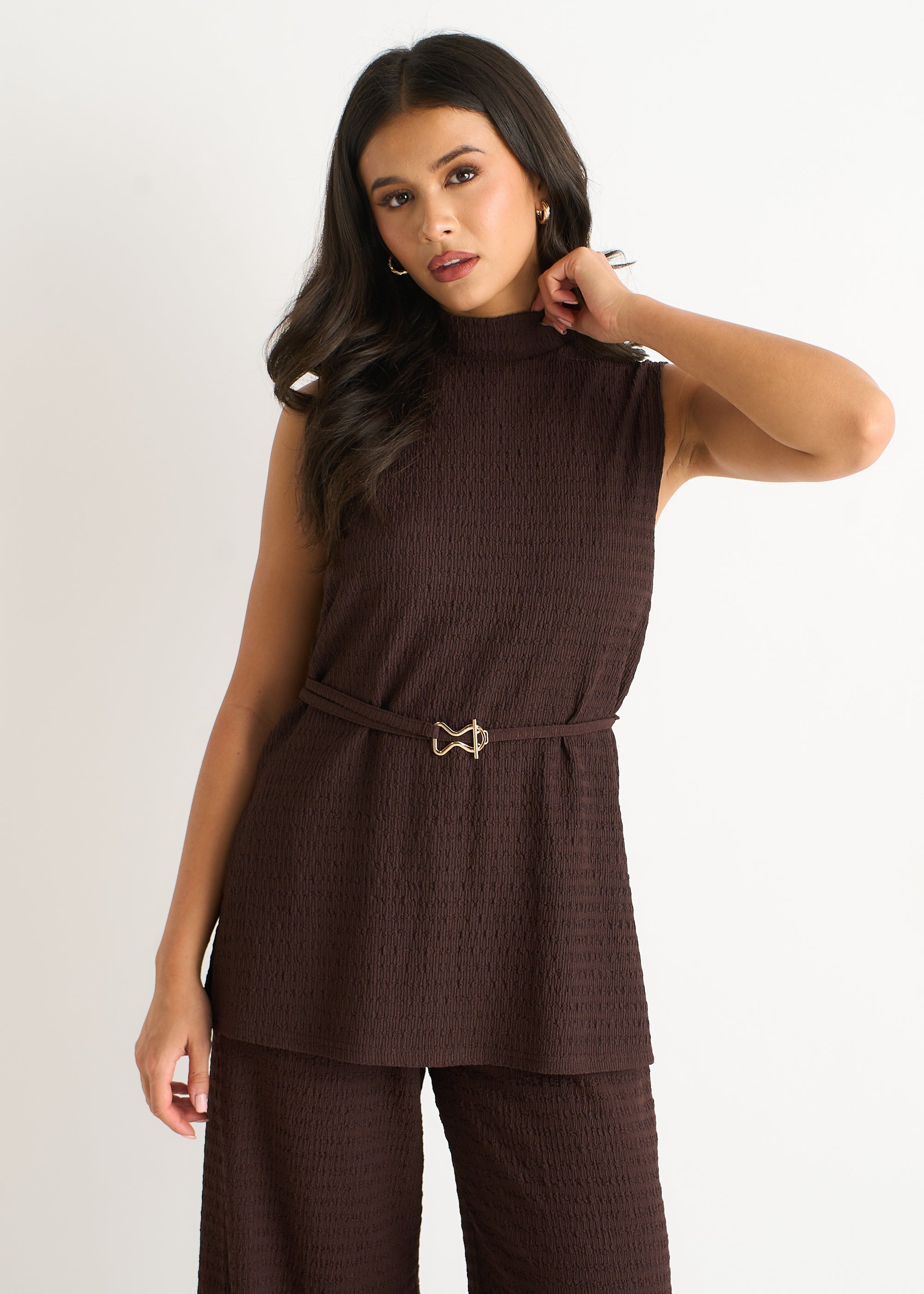 Gini London Chocolate Textured Belted Sleeveless Jersey Tabard Top