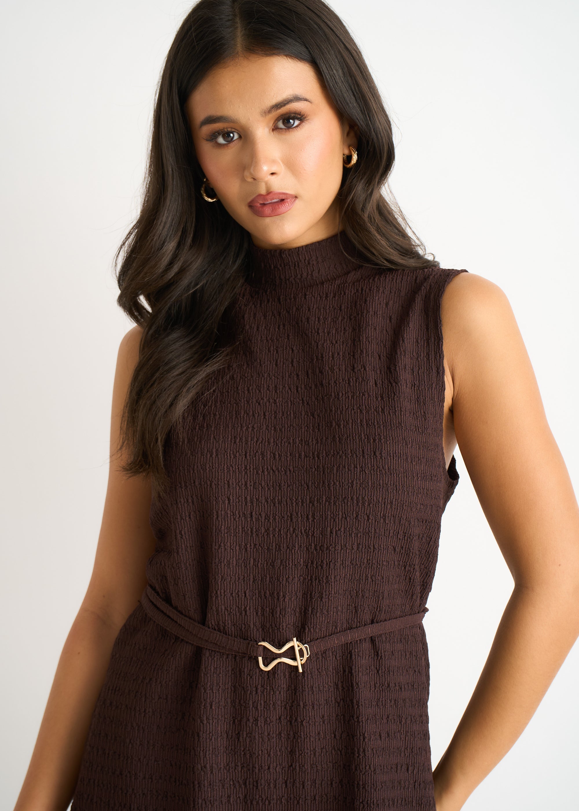 Gini London Chocolate Textured Belted Sleeveless Jersey Tabard Top