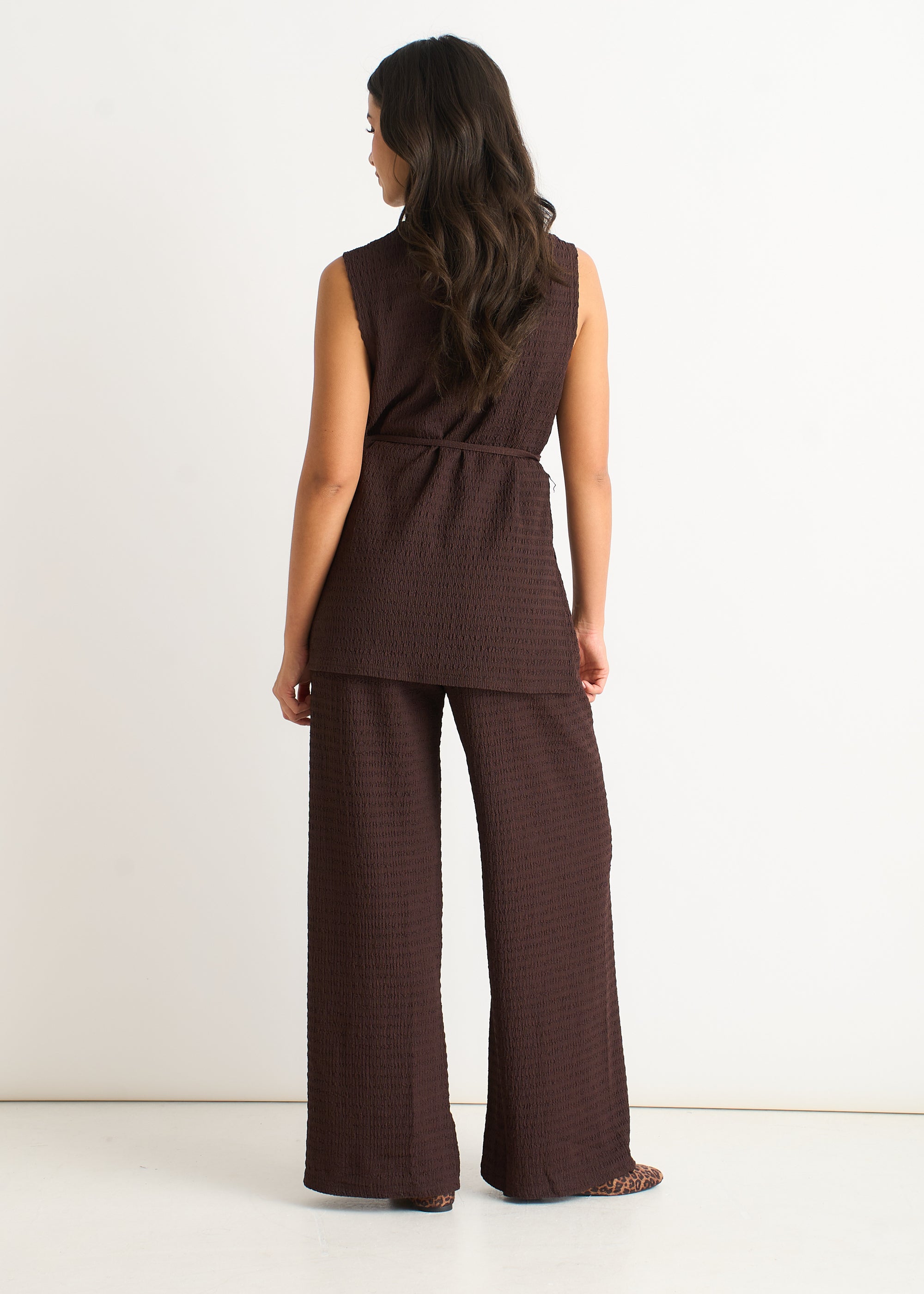Gini London Chocolate Textured Belted Sleeveless Jersey Tabard Top