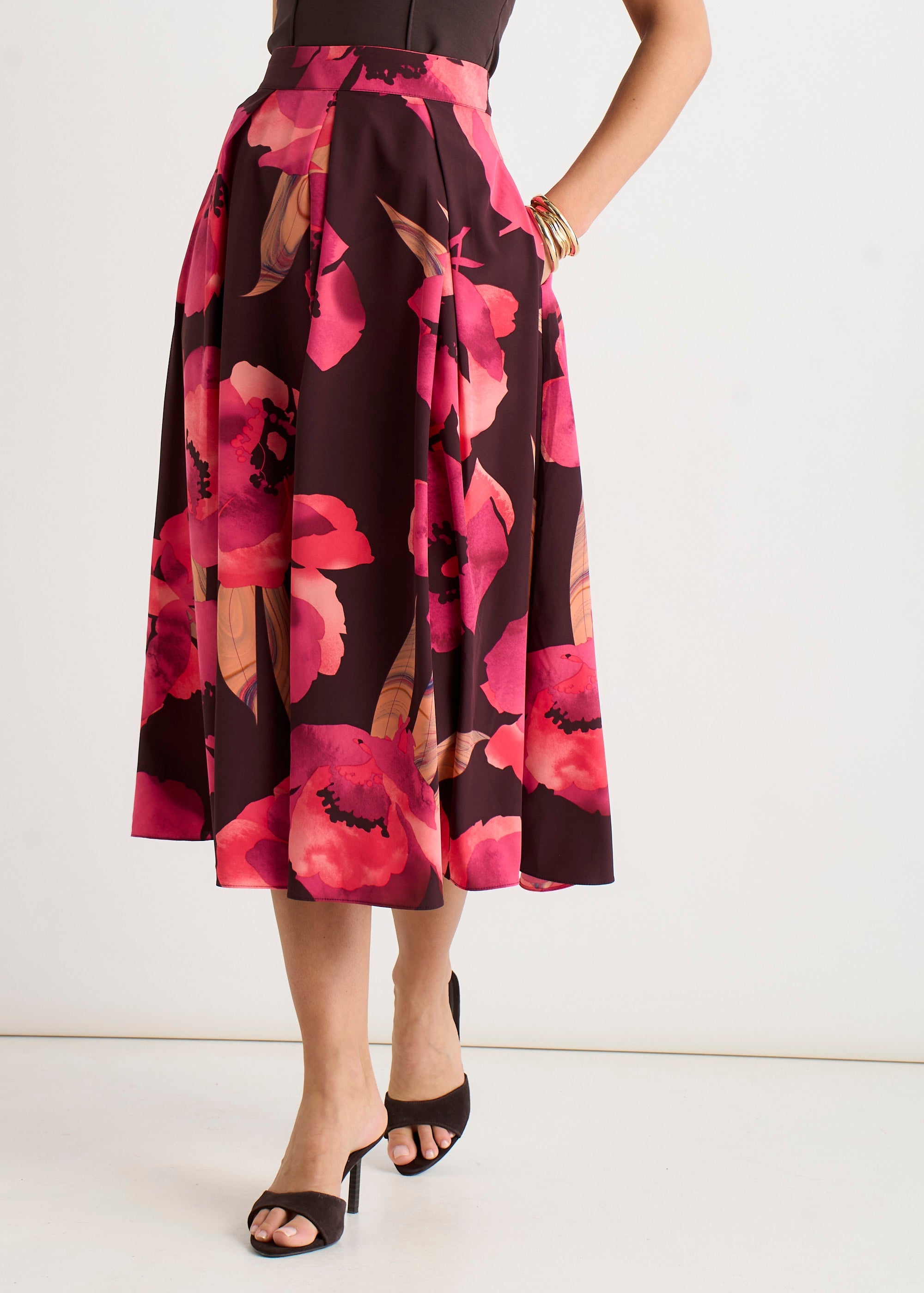 Gini London Brown Large Floral Box Pleat Midi Skirt