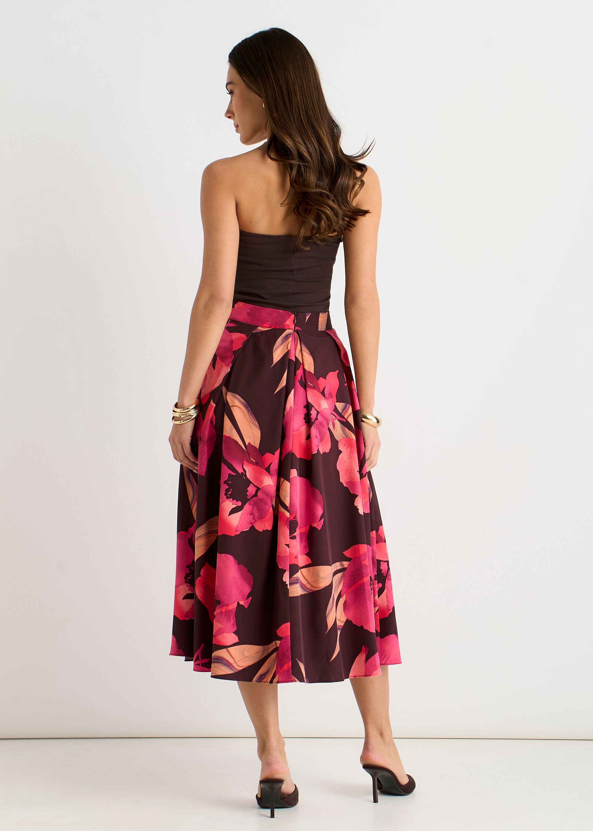 Gini London Brown Large Floral Box Pleat Midi Skirt