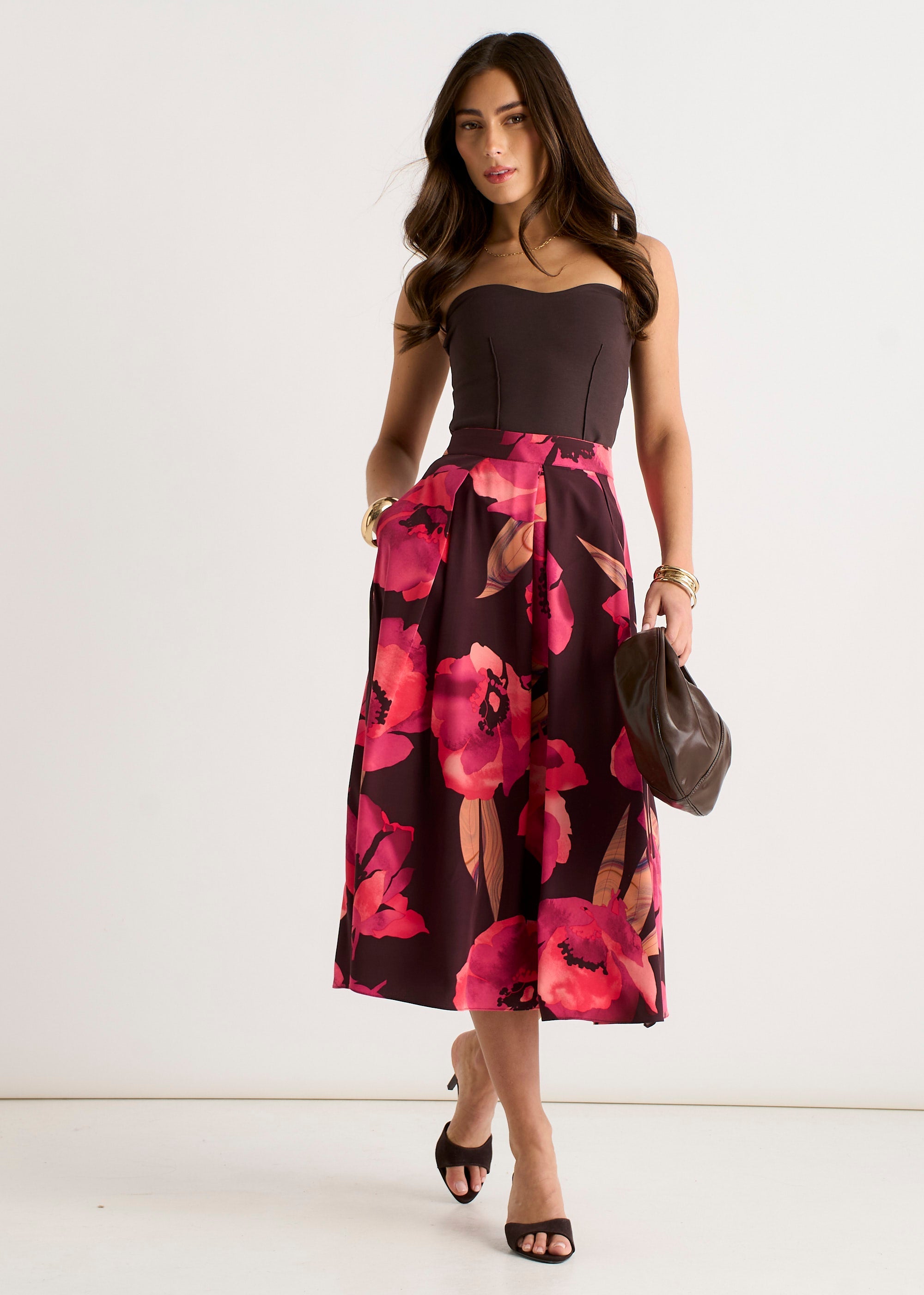 Gini London Brown Large Floral Box Pleat Midi Skirt