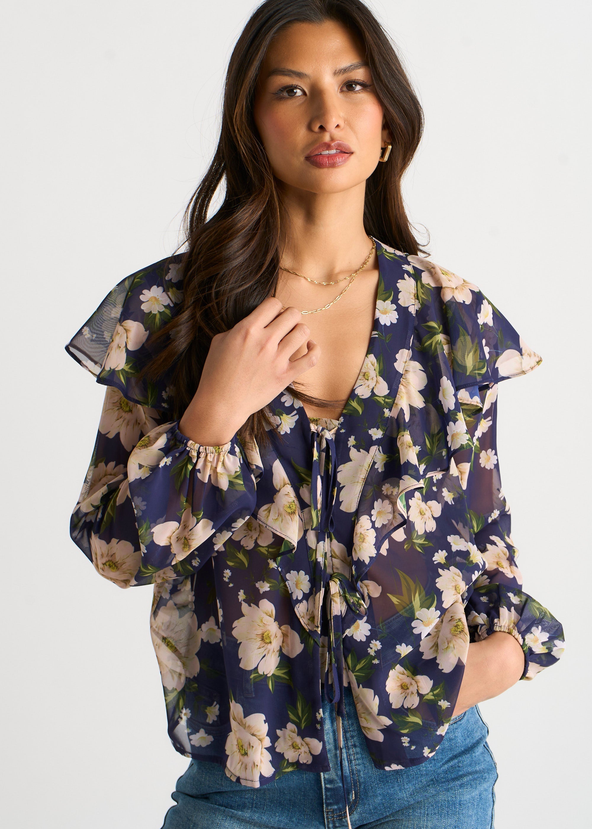 Gini London Navy Floral Ruffle Front Blouse