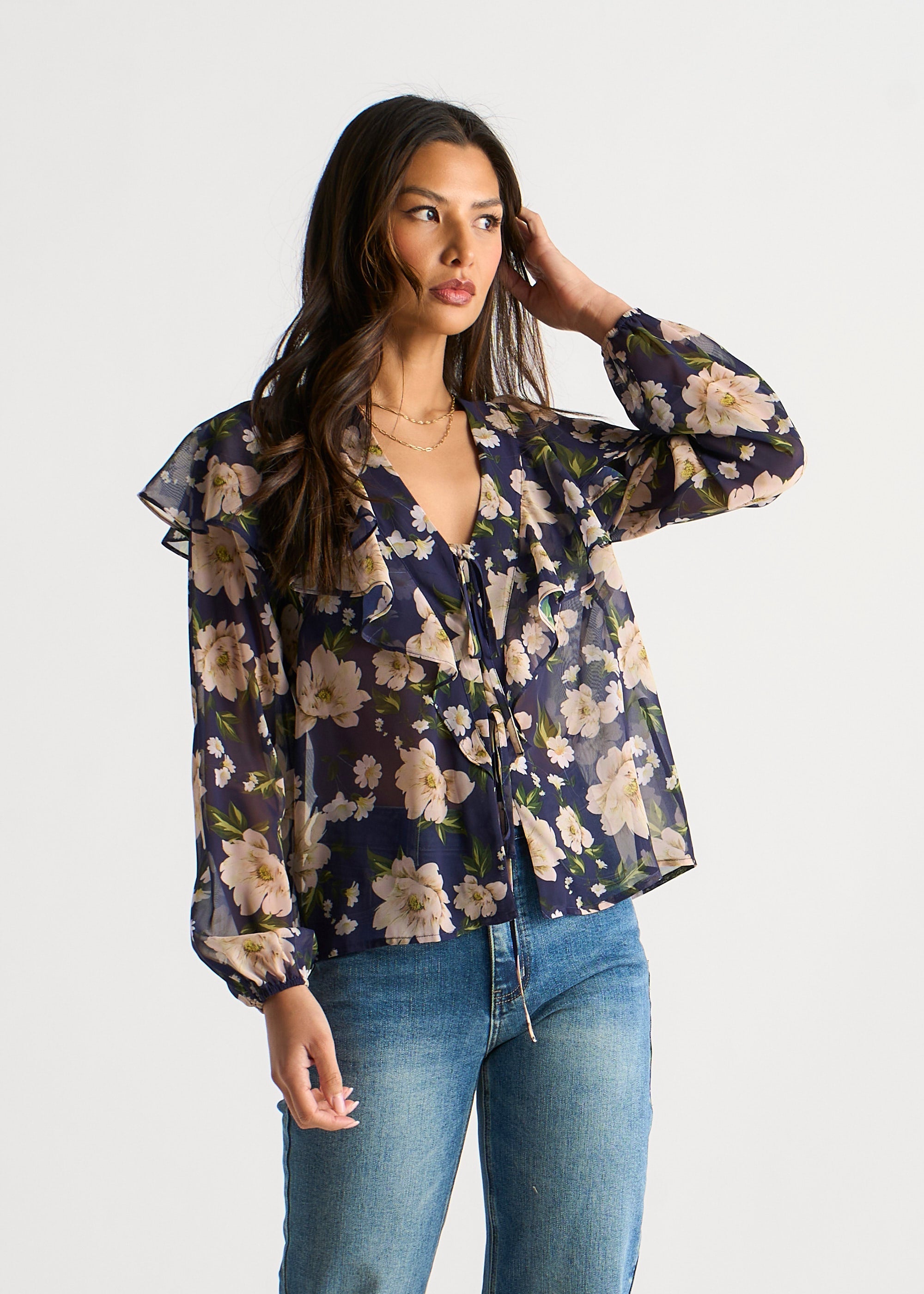 Gini London Navy Floral Ruffle Front Blouse