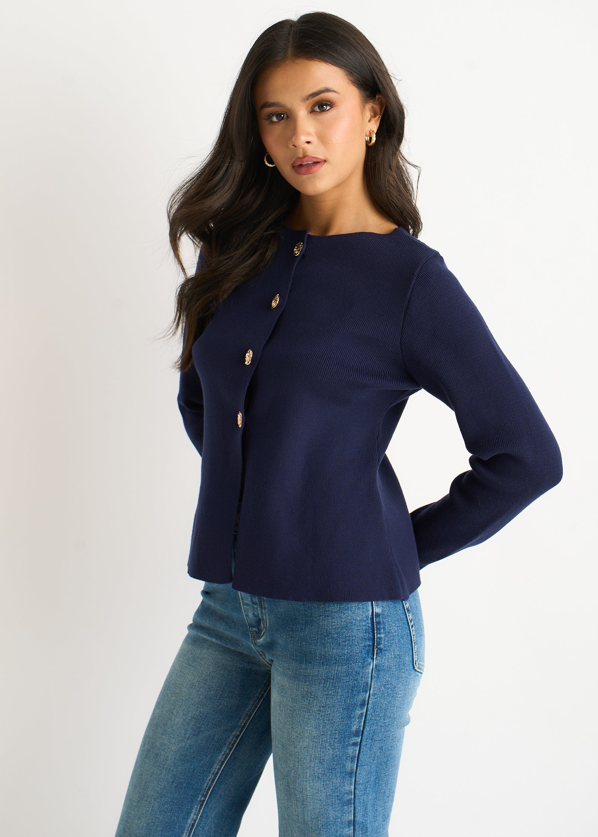 Gini London Navy Gold Buttons Ribbed Knit Cardigan