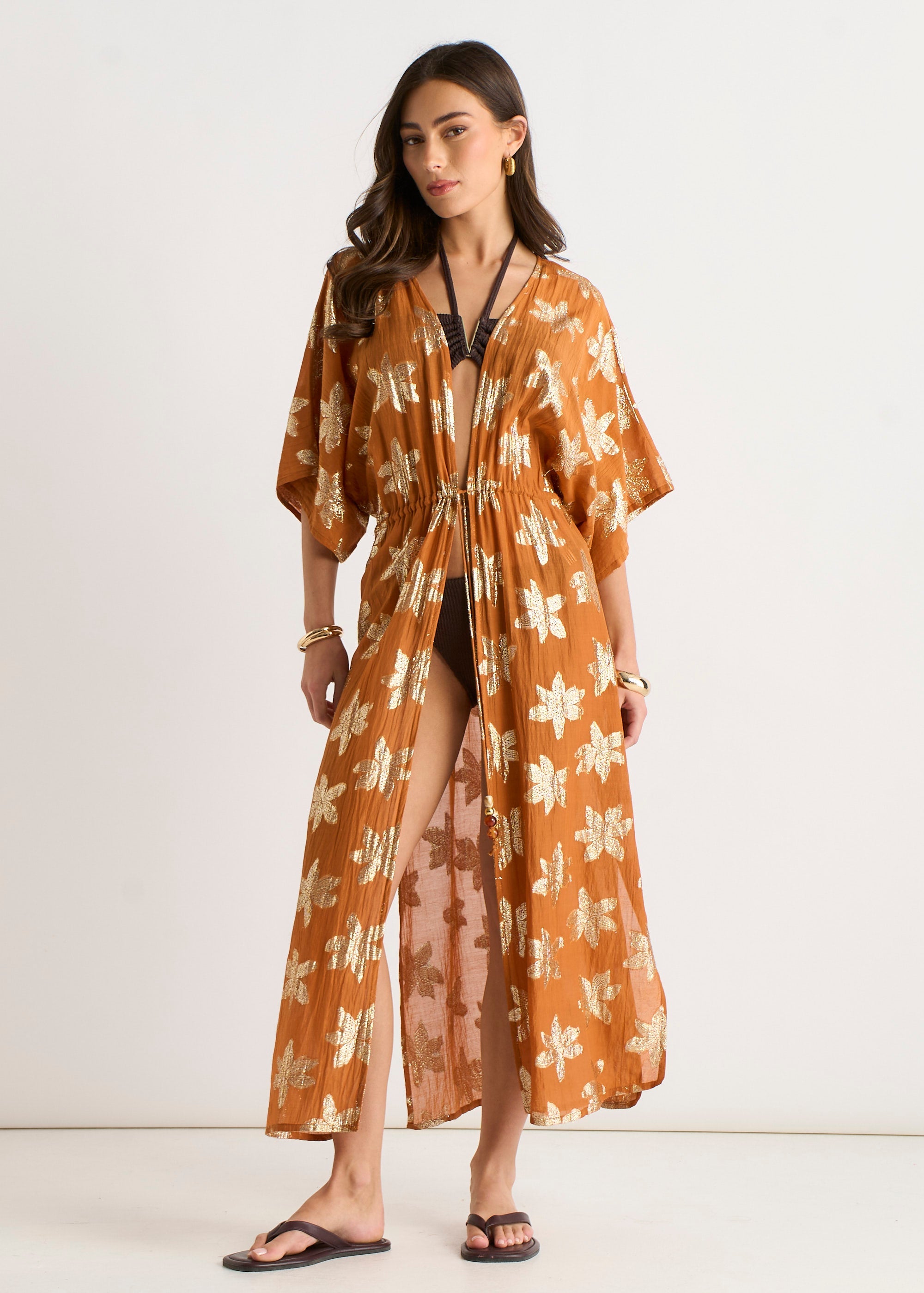 Gini London Orange Floral Lurex Tie Front Kaftan Kimono
