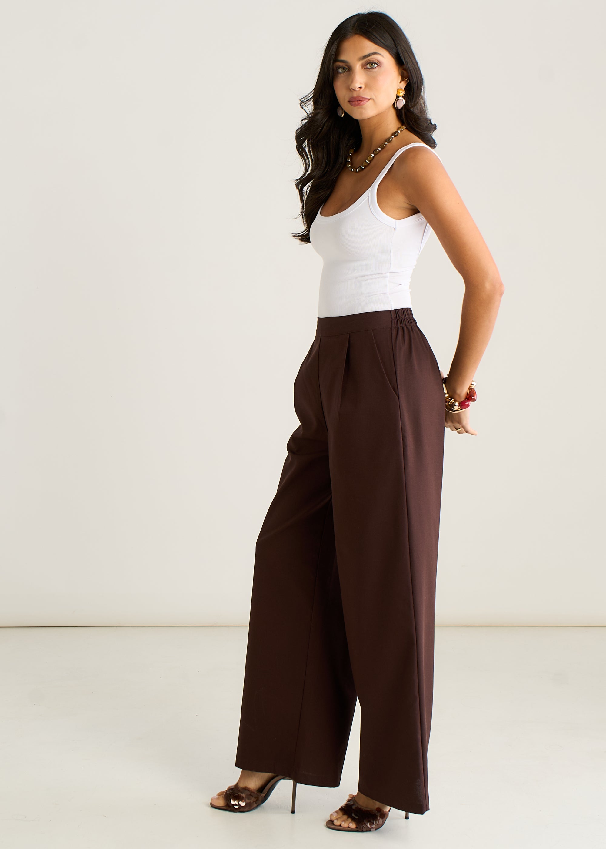 Gini London Brown Linen Mix Wide Leg Trouser