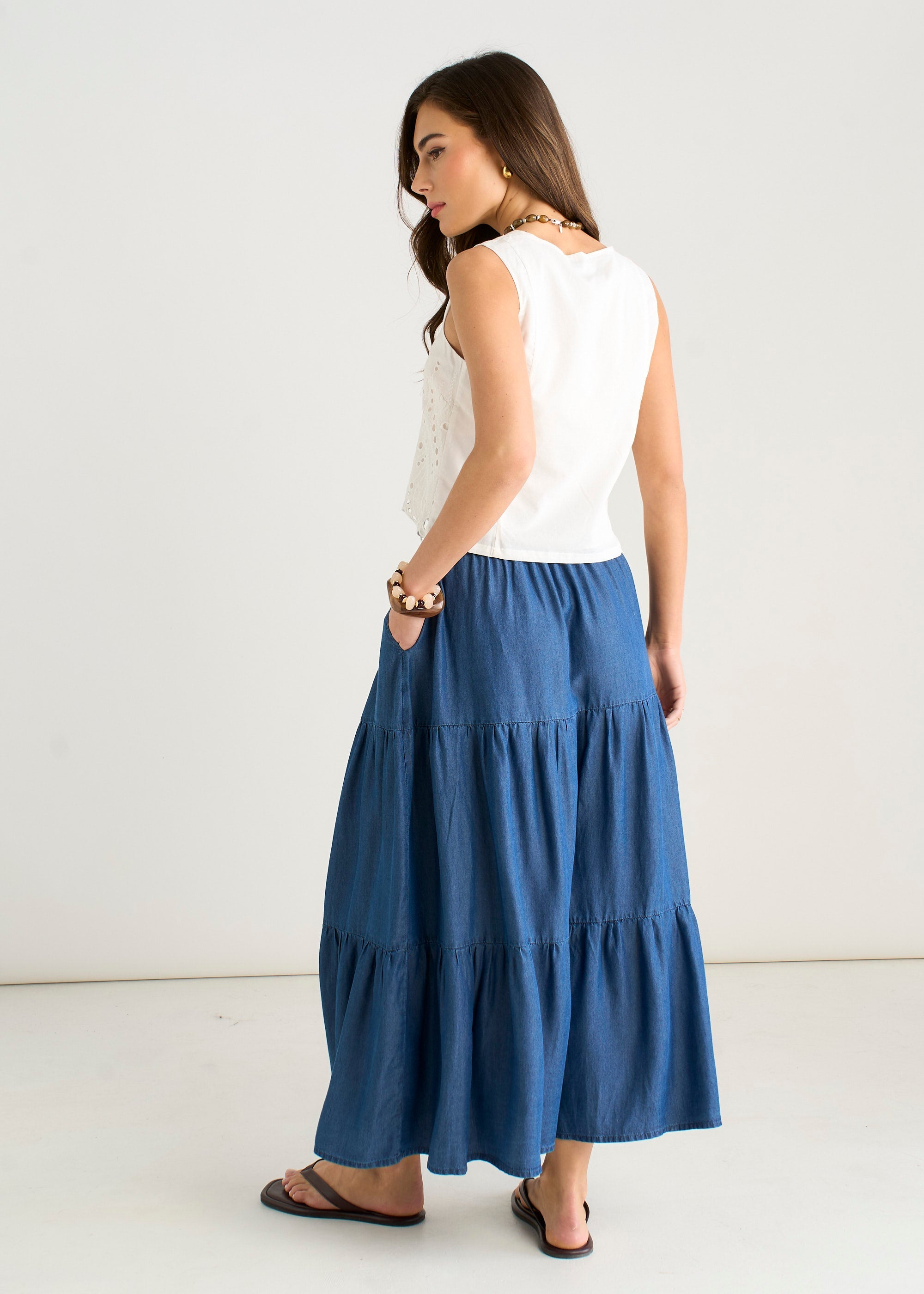 Gini London Blue Chambray Elasticated Button Front Midaxi Skirt
