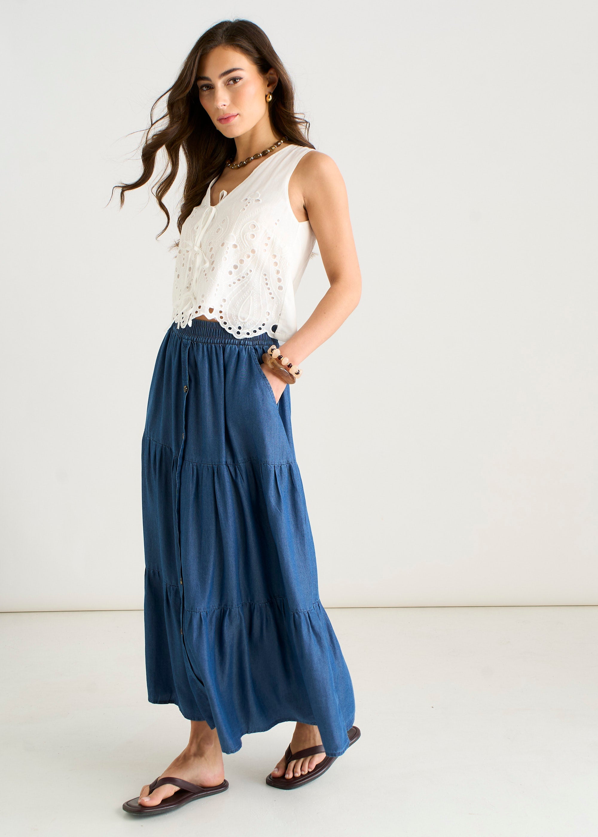 Gini London Blue Chambray Elasticated Button Front Midaxi Skirt