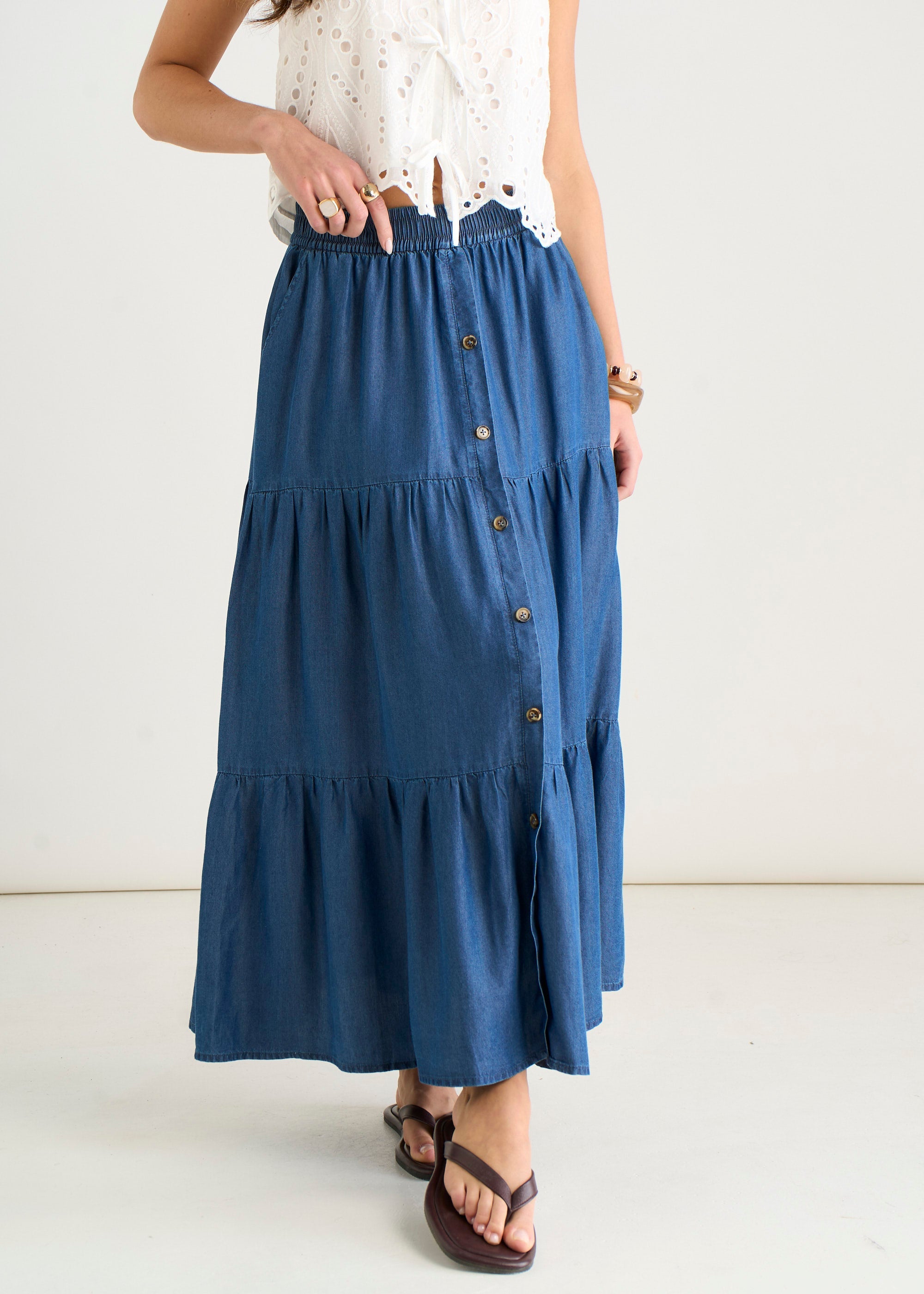 Gini London Blue Chambray Elasticated Button Front Midaxi Skirt