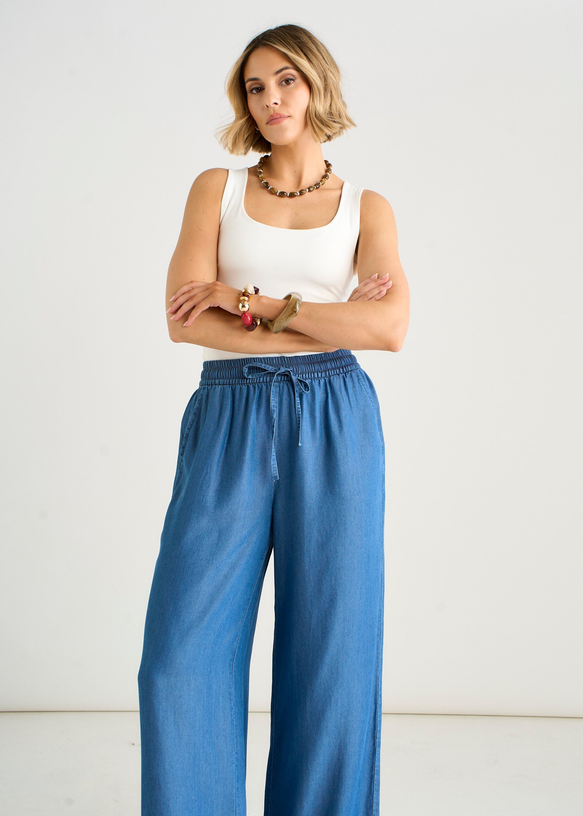 Gini London Blue Chambray Elasticated Waist Wide Leg Trousers