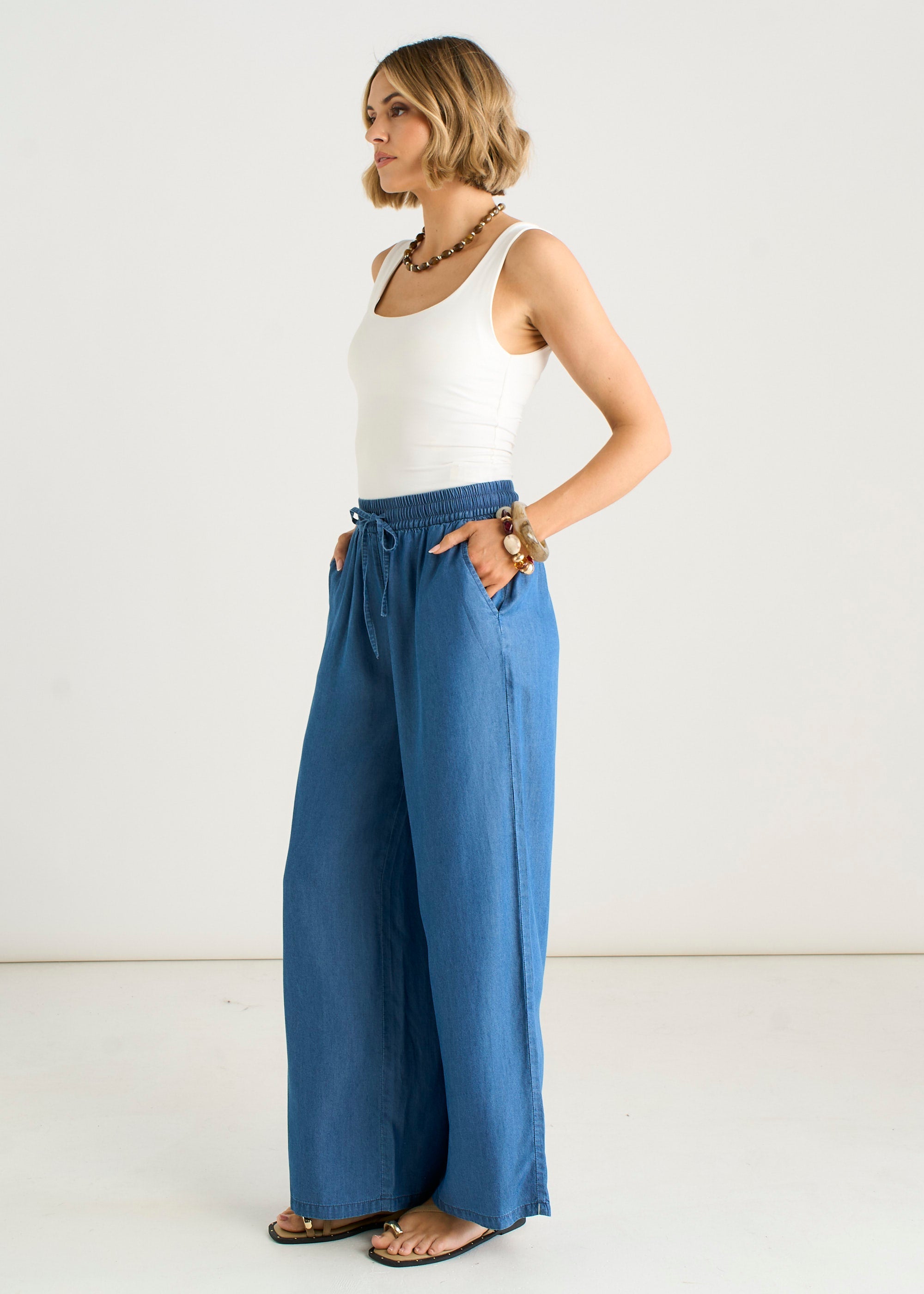 Gini London Blue Chambray Elasticated Waist Wide Leg Trousers