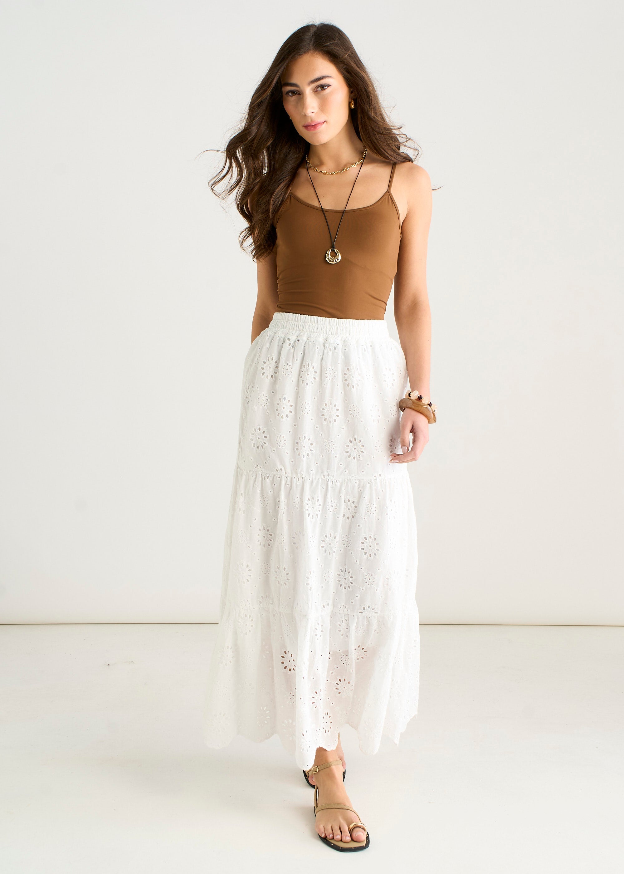 Gini London White Elasticated Waist Cotton Broderie Midaxi Skirt
