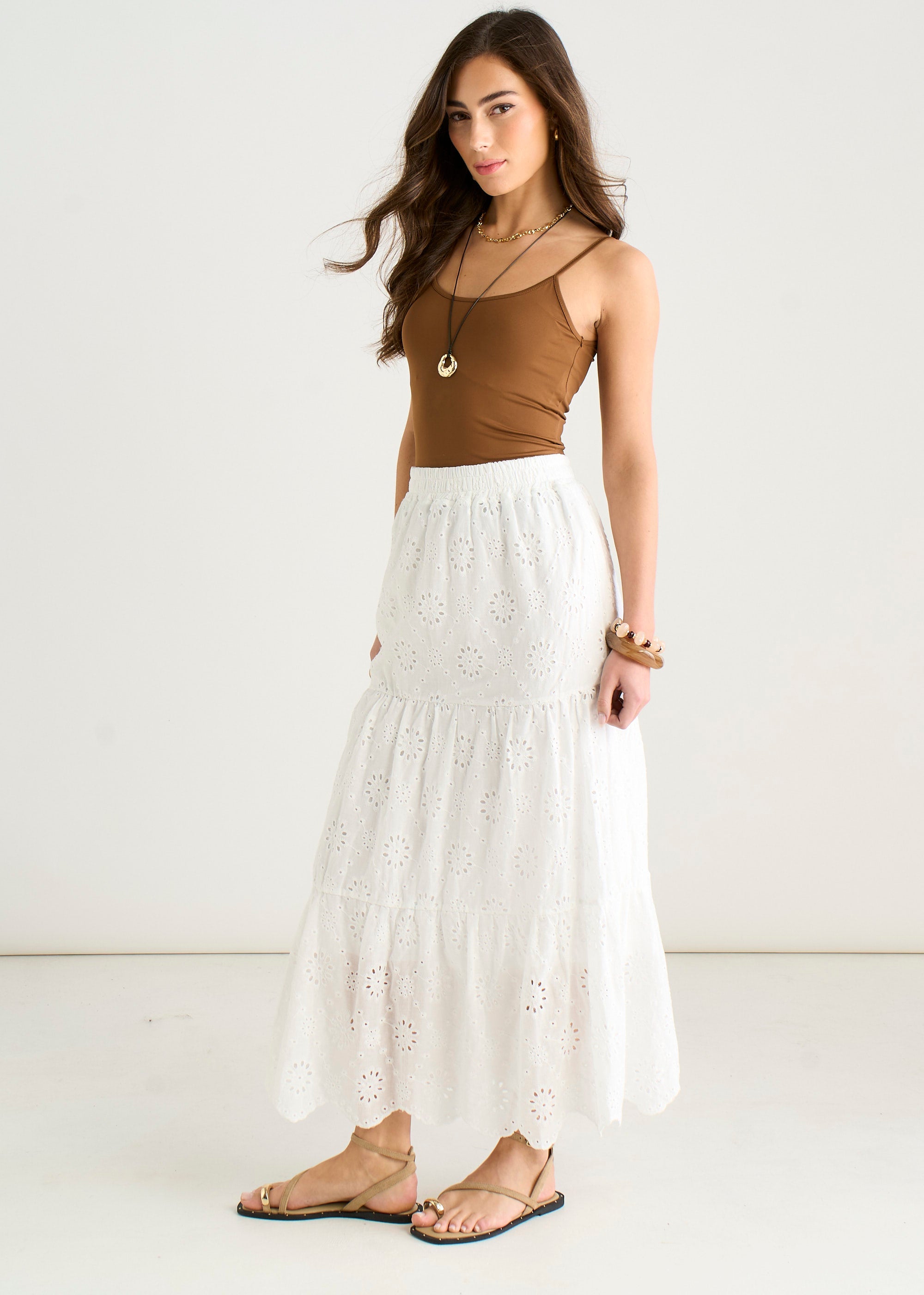 Gini London White Elasticated Waist Cotton Broderie Midaxi Skirt