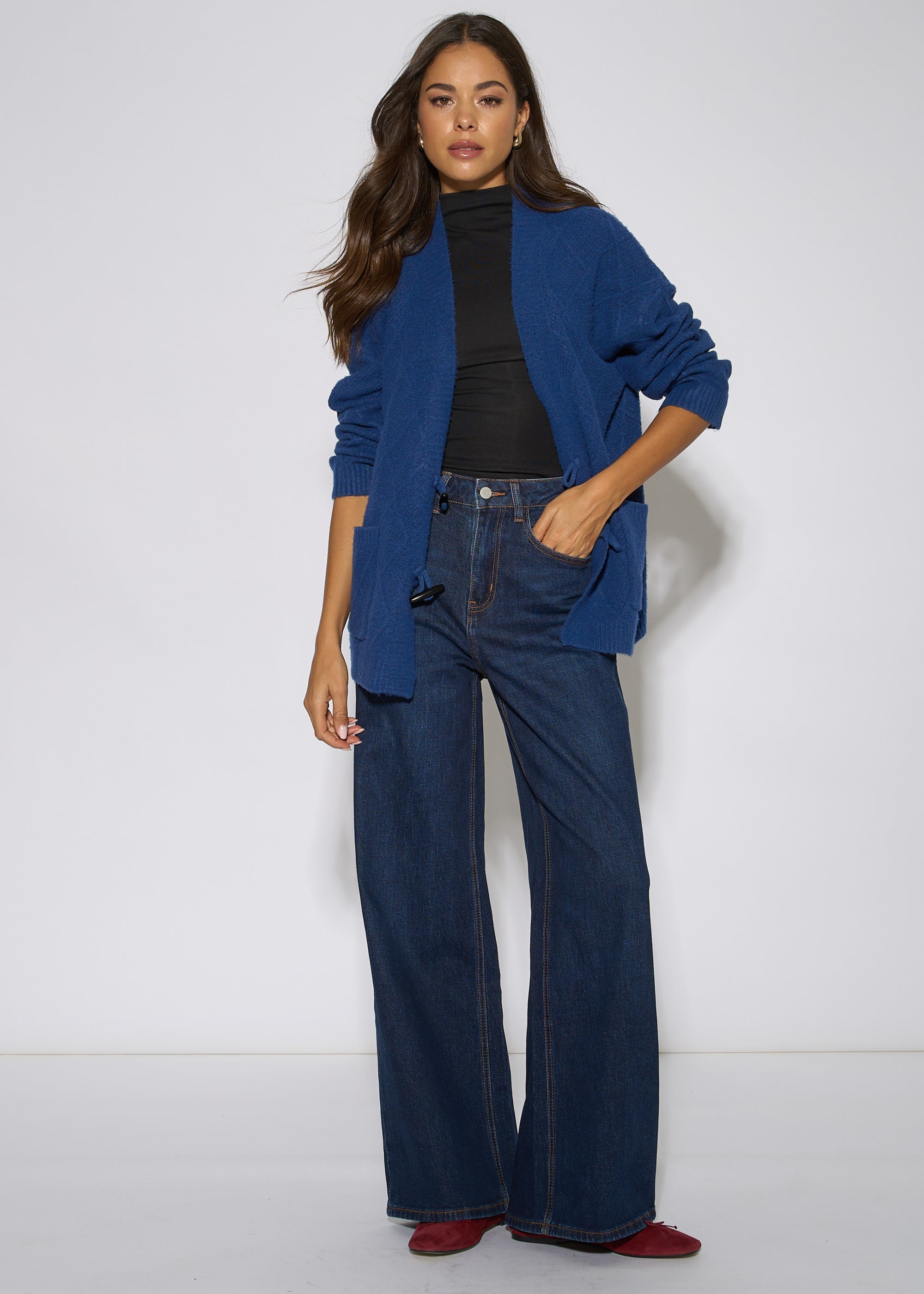 Gini London Blue Textured Button Detail Long Sleeves Cardigan