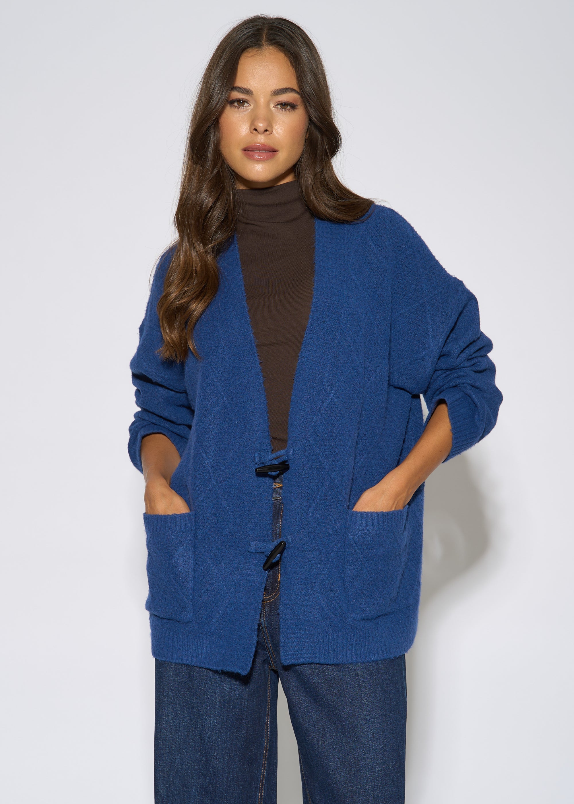 Gini London Blue Textured Button Detail Long Sleeves Cardigan
