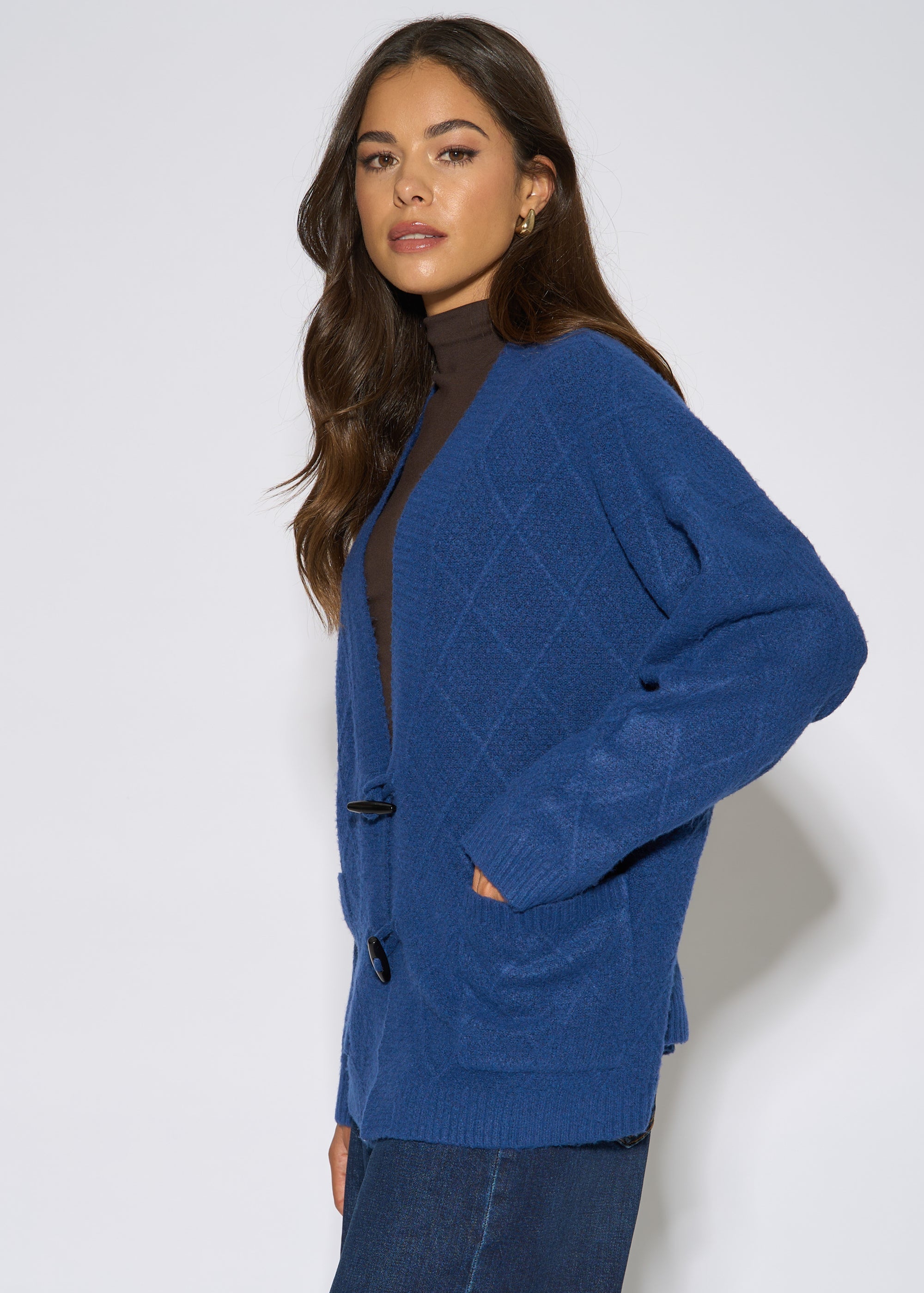 Gini London Blue Textured Button Detail Long Sleeves Cardigan