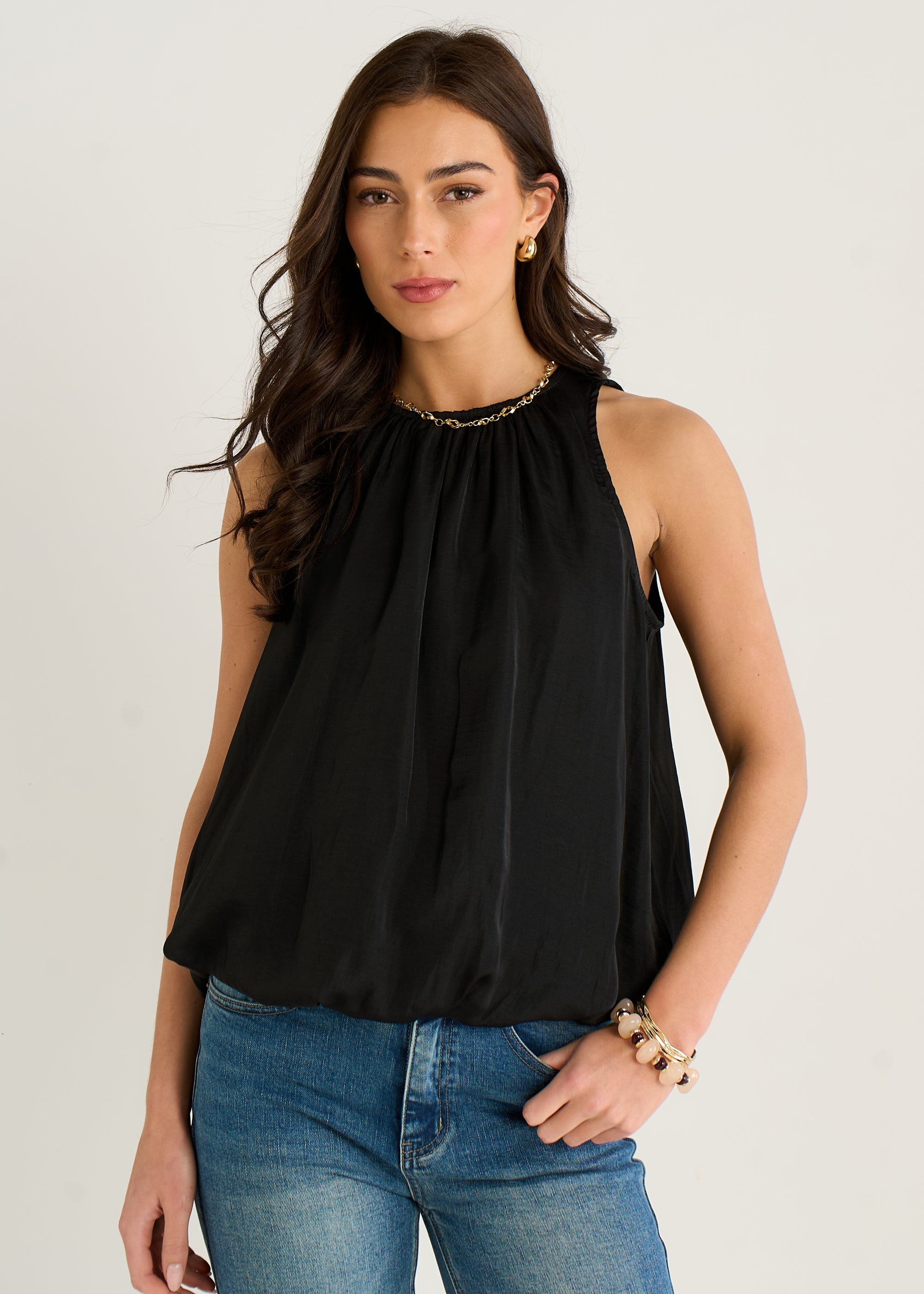 Gini London Black Sleeveless Gathered Neck Bubble Hem Top